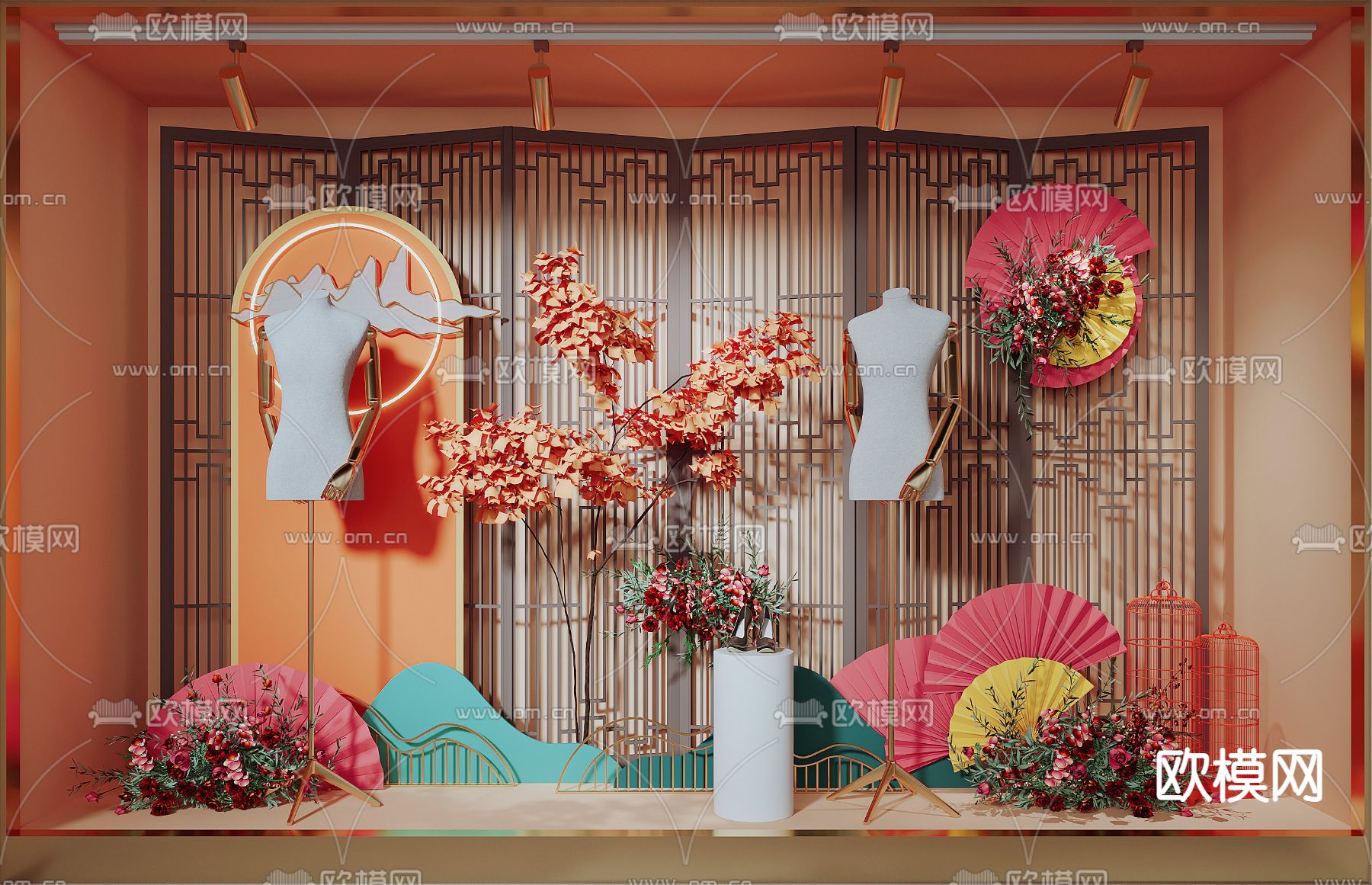 新中式女装店 服装店 橱窗3d模型