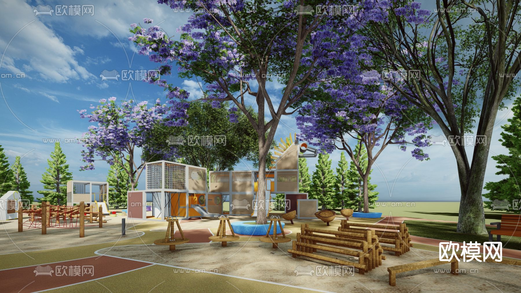 现代户外拓展亲子儿童活动乐园su模型下载（渲染图1）