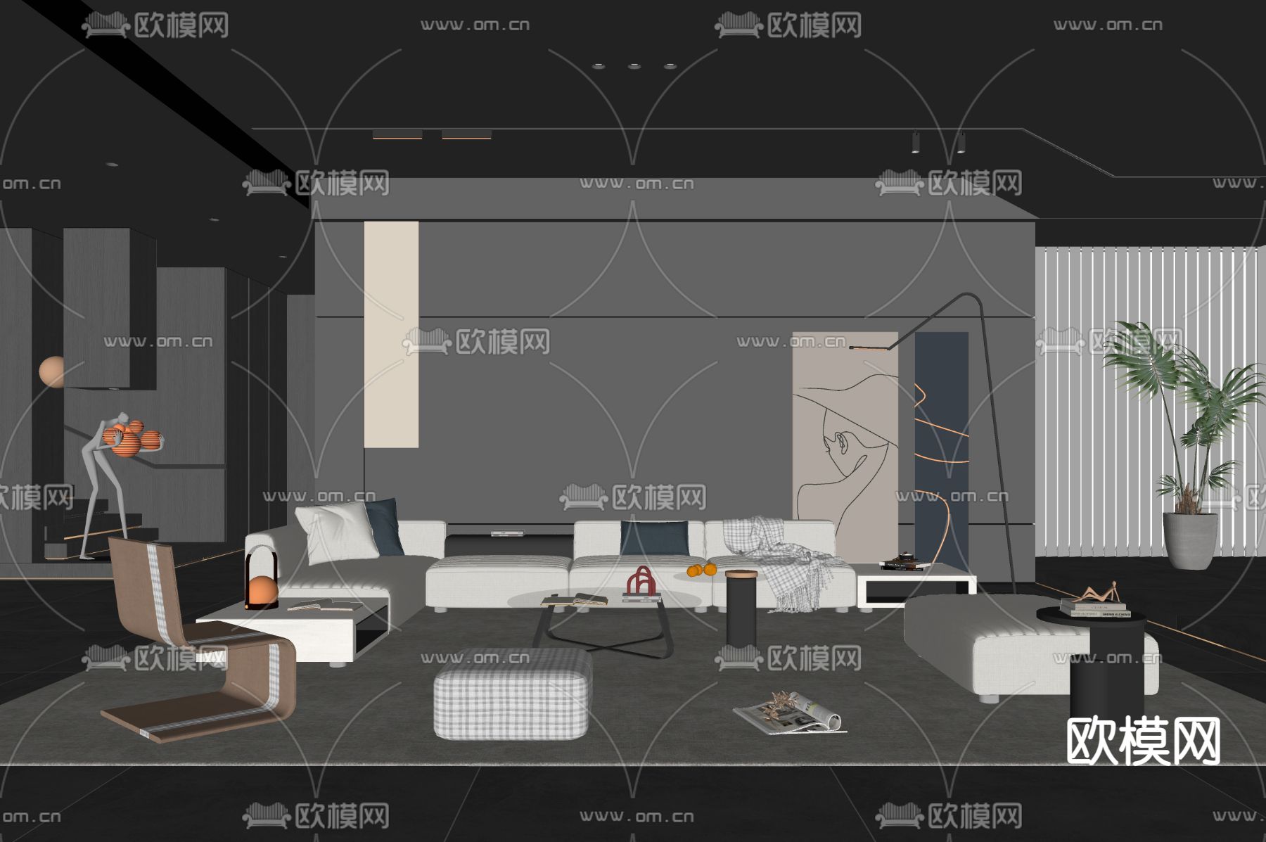 现代暗黑风客厅su模型