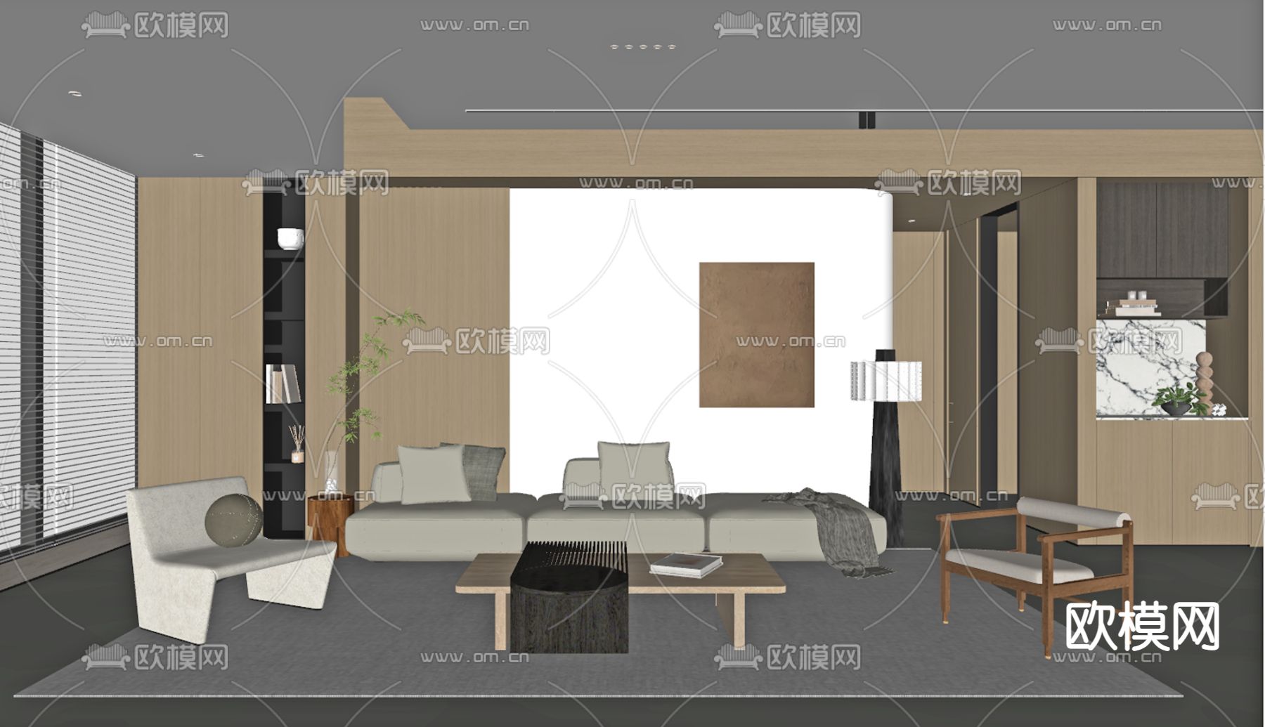 日式原木风客厅su模型下载（渲染图3）