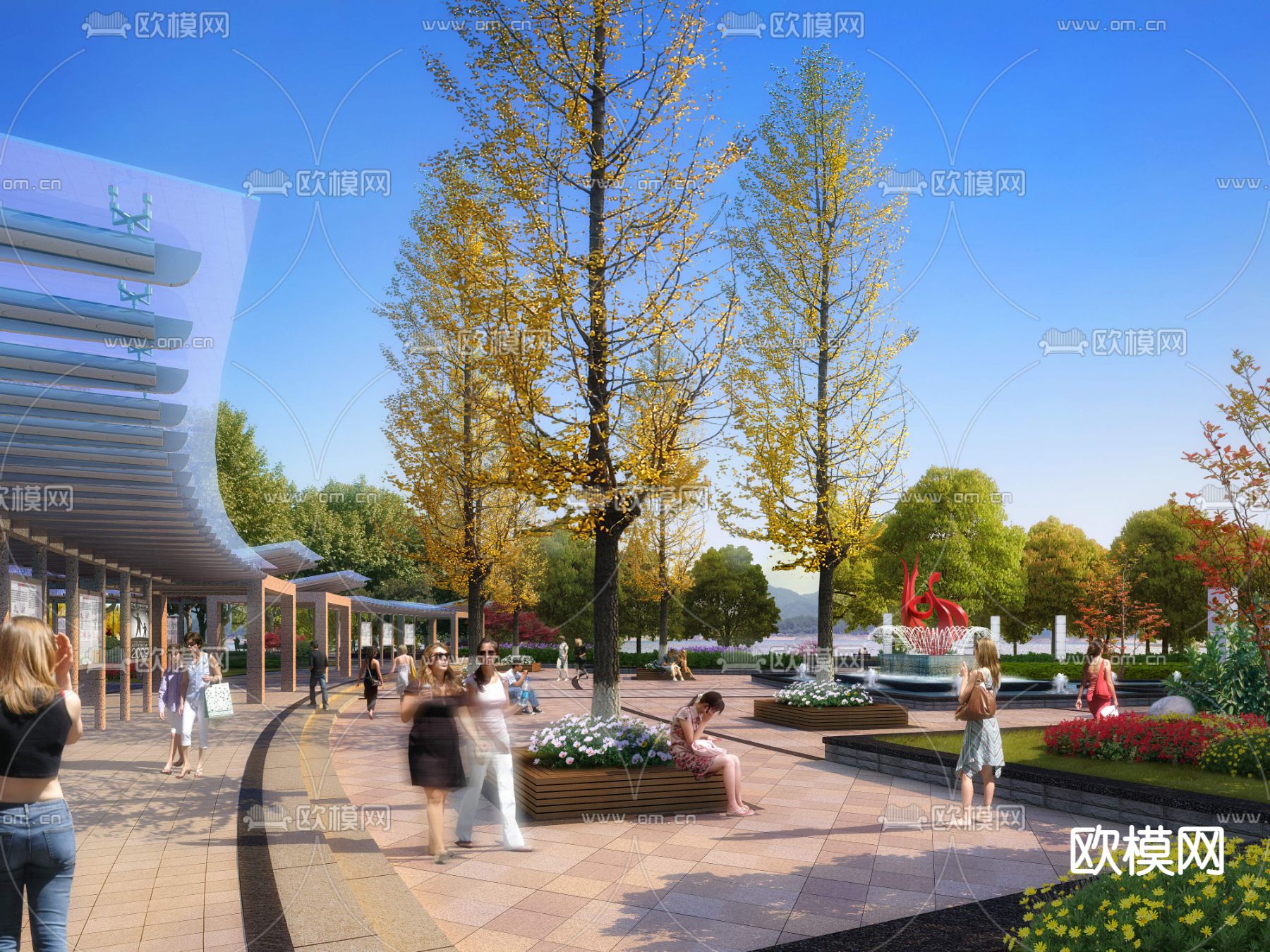 现代公园广场休息区psd下载