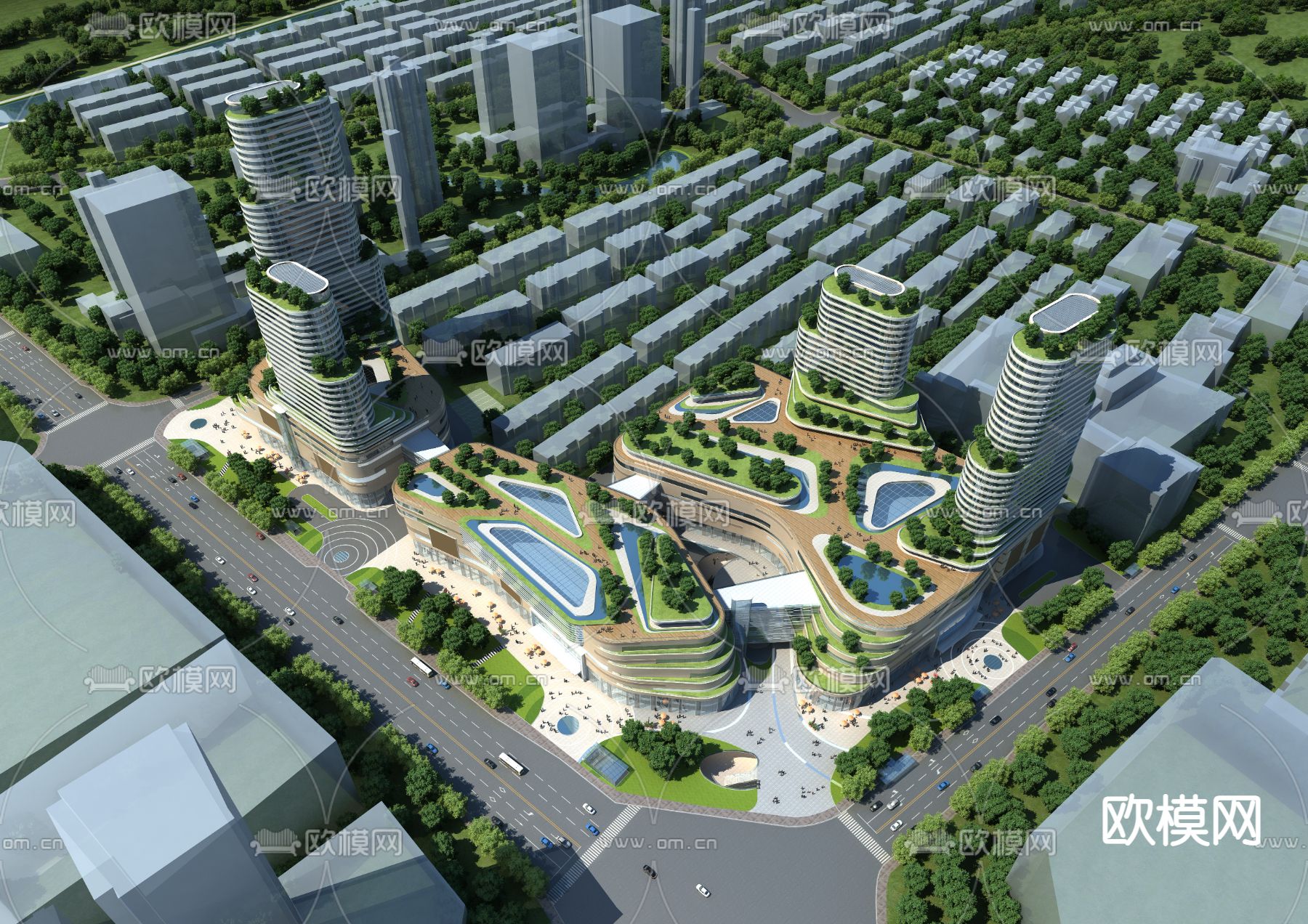 现代商业综合体外观鸟瞰3d模型下载_ID12129712_3dmax免费模型-欧模网
