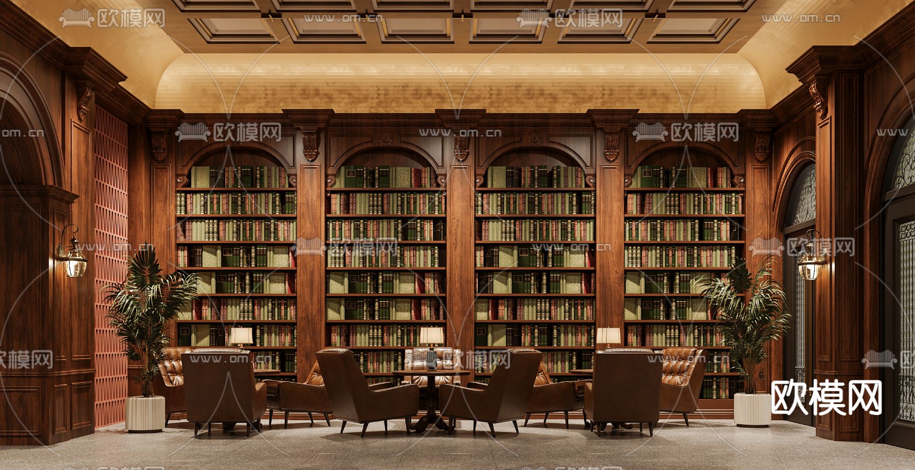 美式书店 书吧 书柜3d模型下载（渲染图1）
