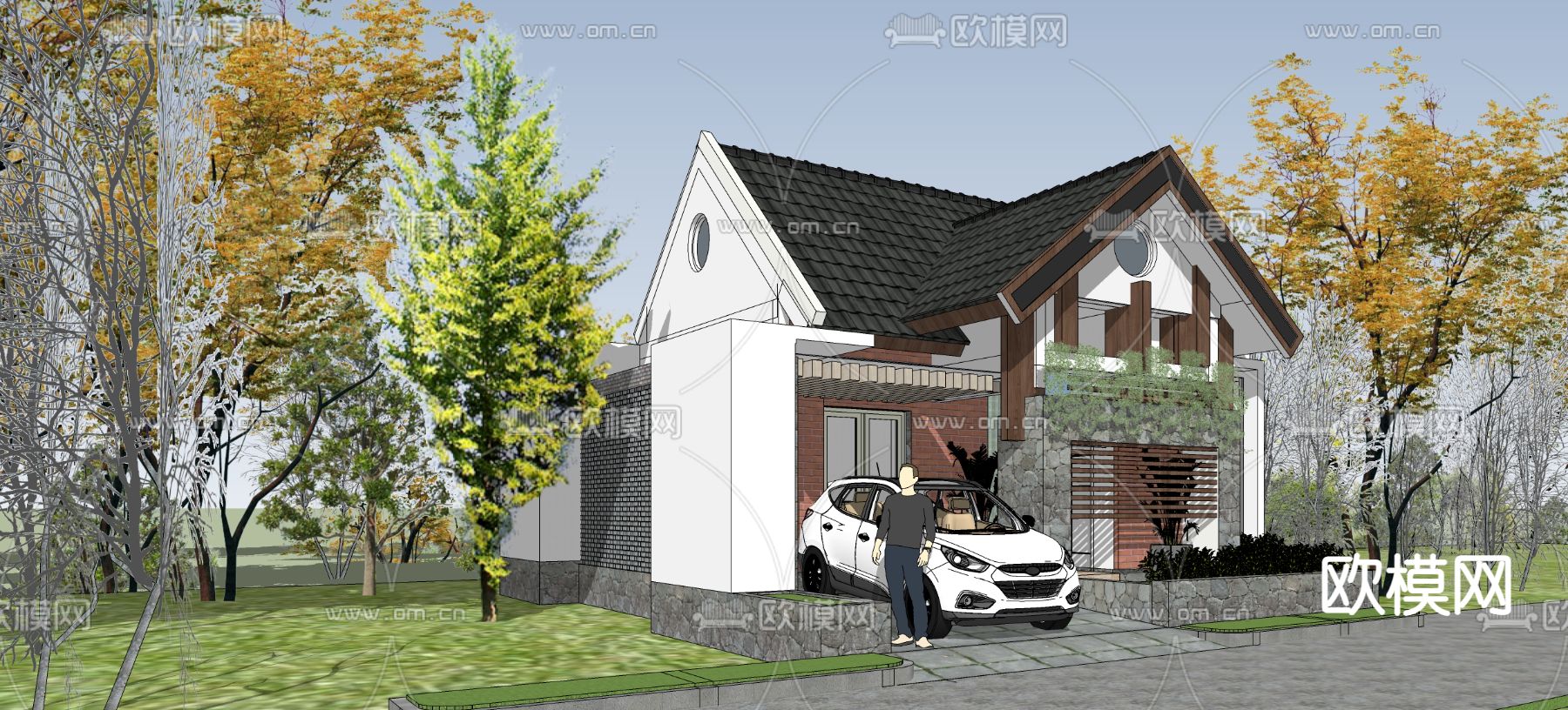 简欧别墅外观su模型下载（渲染图3）