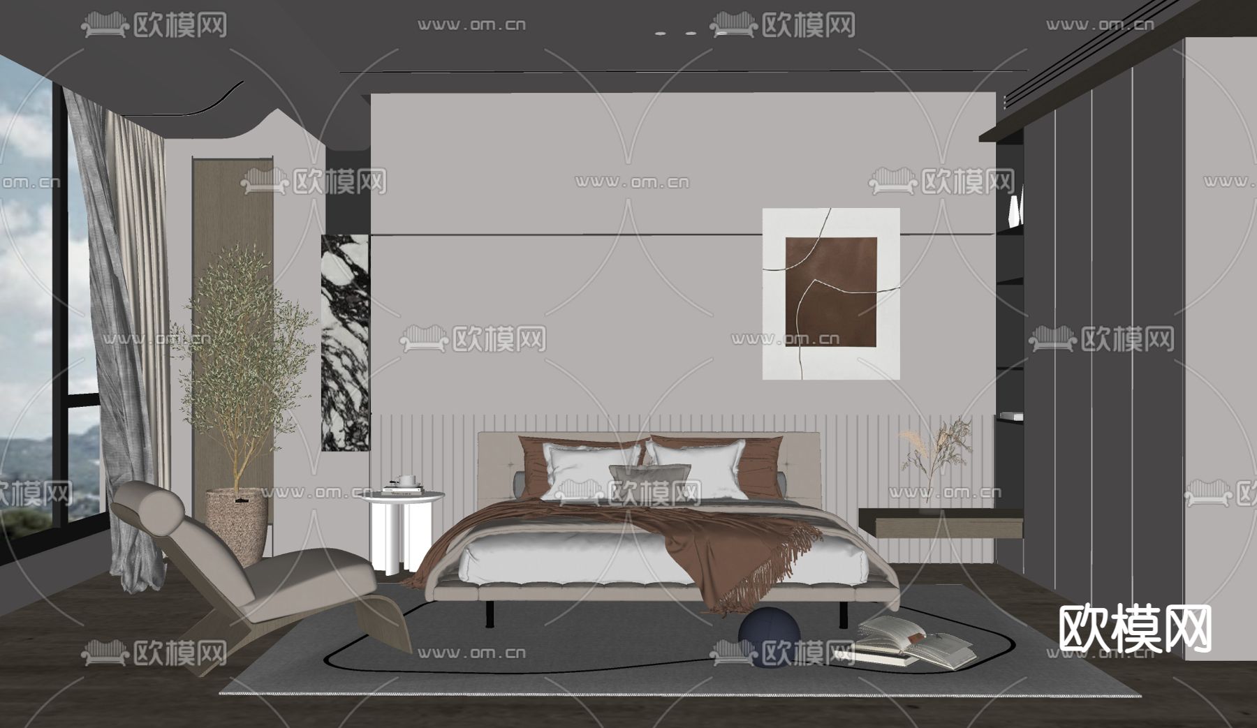 侘寂风卧室主人房su模型下载（渲染图2）