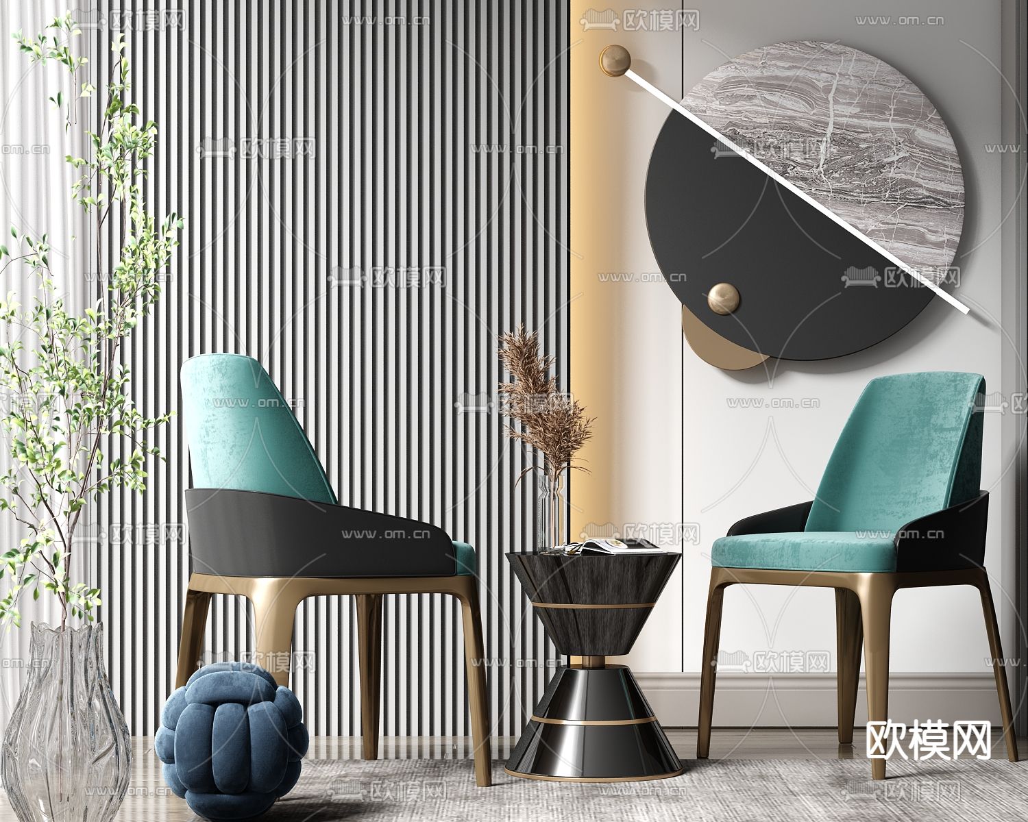 现代轻奢休闲椅角几摆设组合su模型下载（渲染图1）