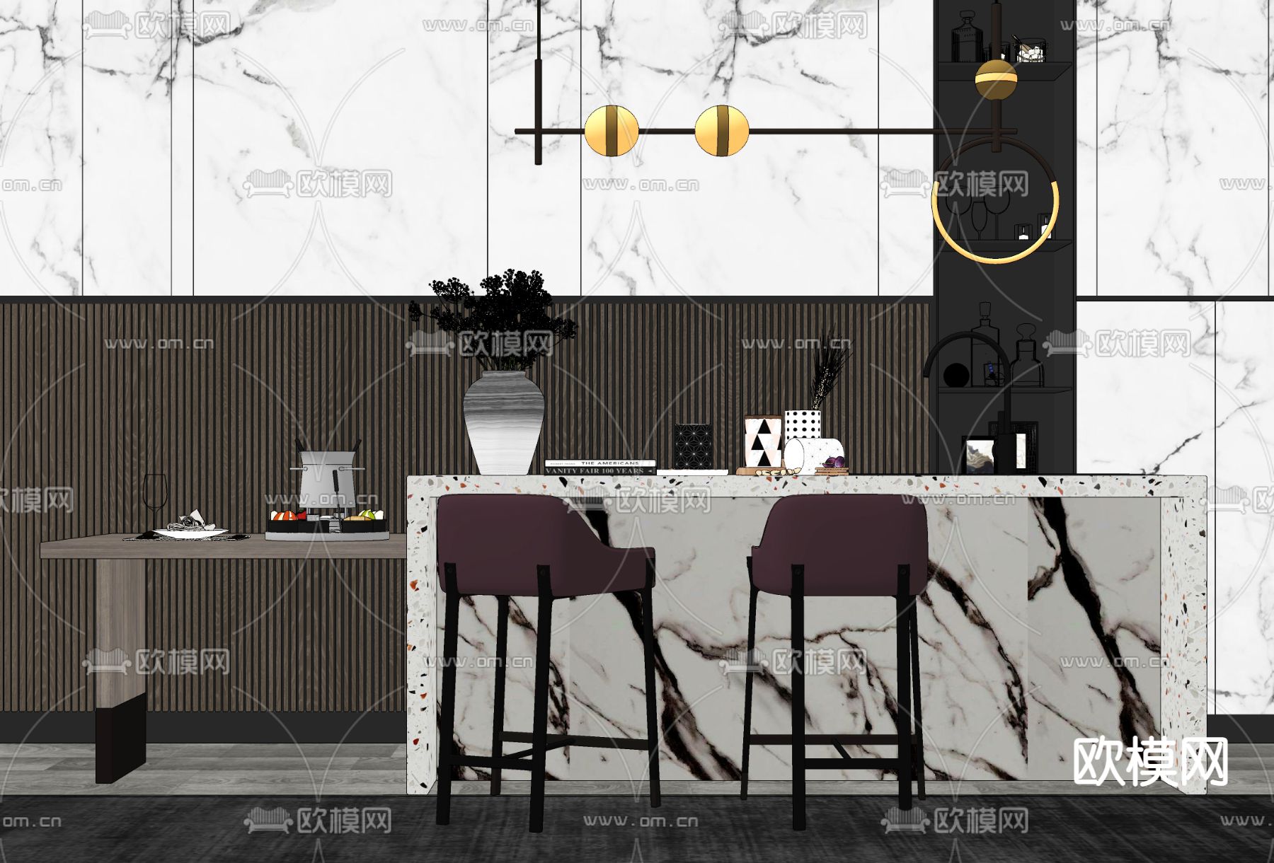 现代吧台椅酒具吊灯组合su模型