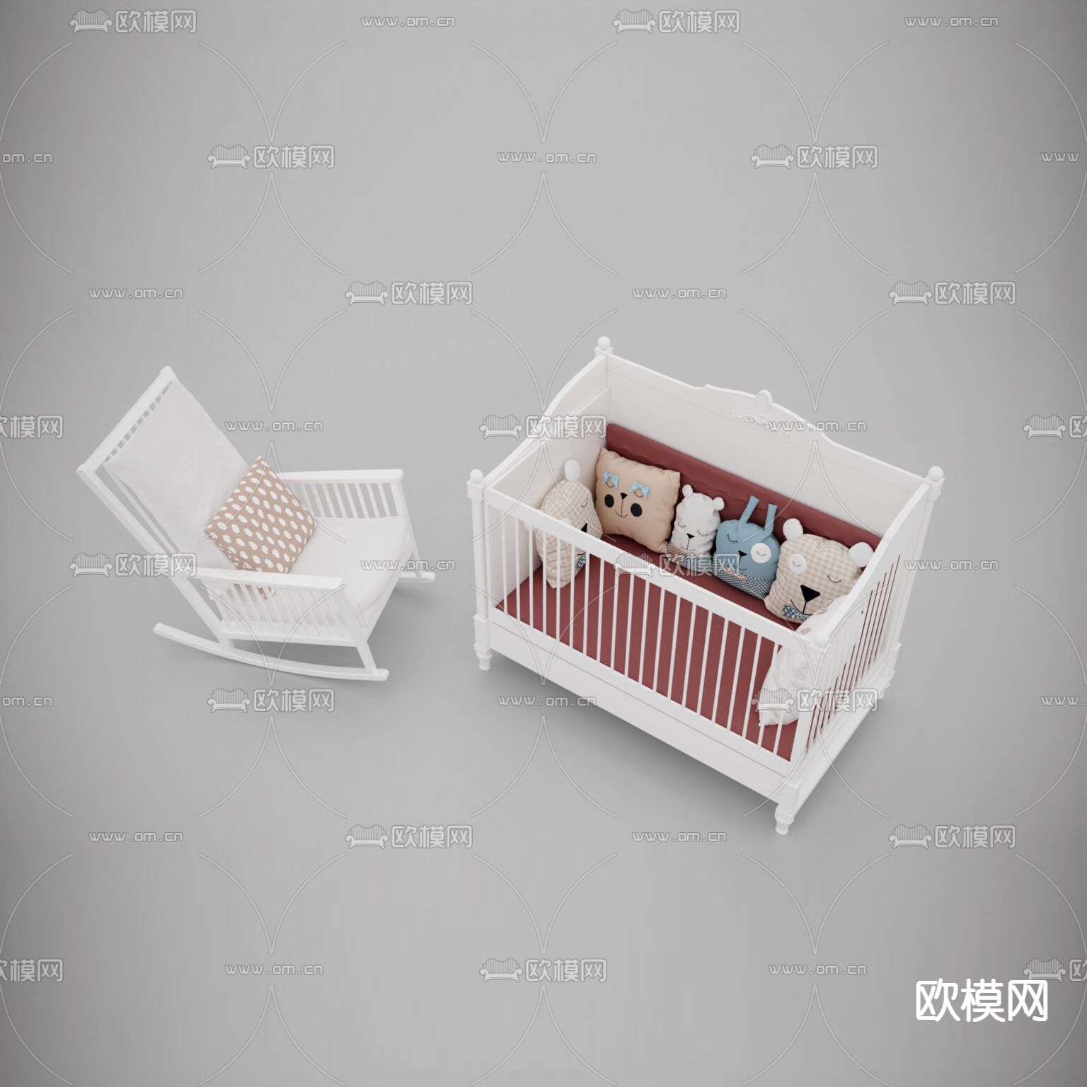 北欧简约实木布艺儿童床休闲椅免费3d模型下载