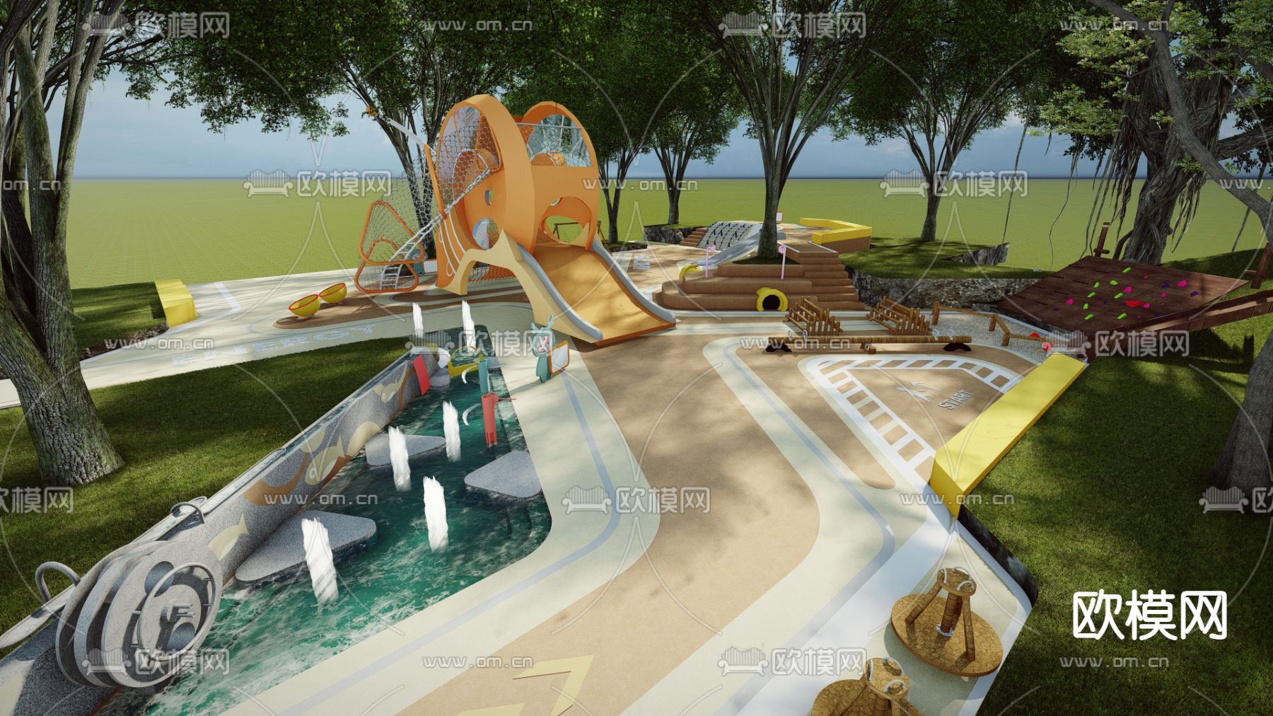 现代户外拓展亲子儿童活动乐园su模型下载（渲染图1）