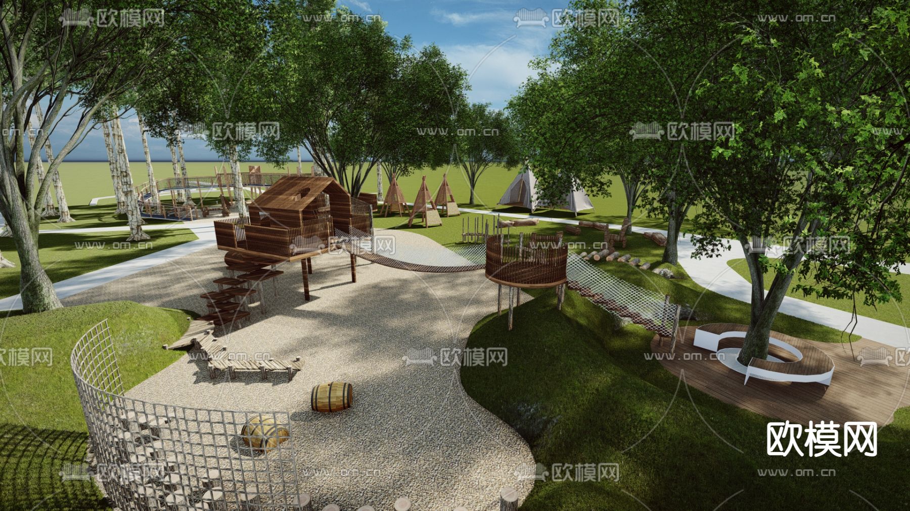 现代户外拓展亲子儿童活动乐园su模型下载（渲染图1）