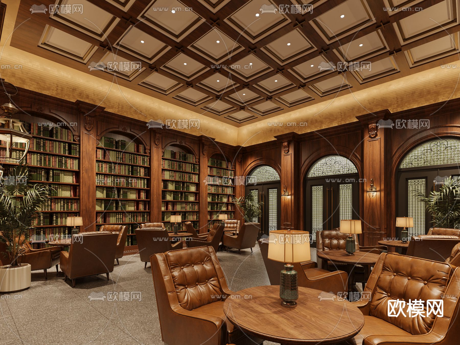 美式书店 书吧 书柜3d模型下载（渲染图3）