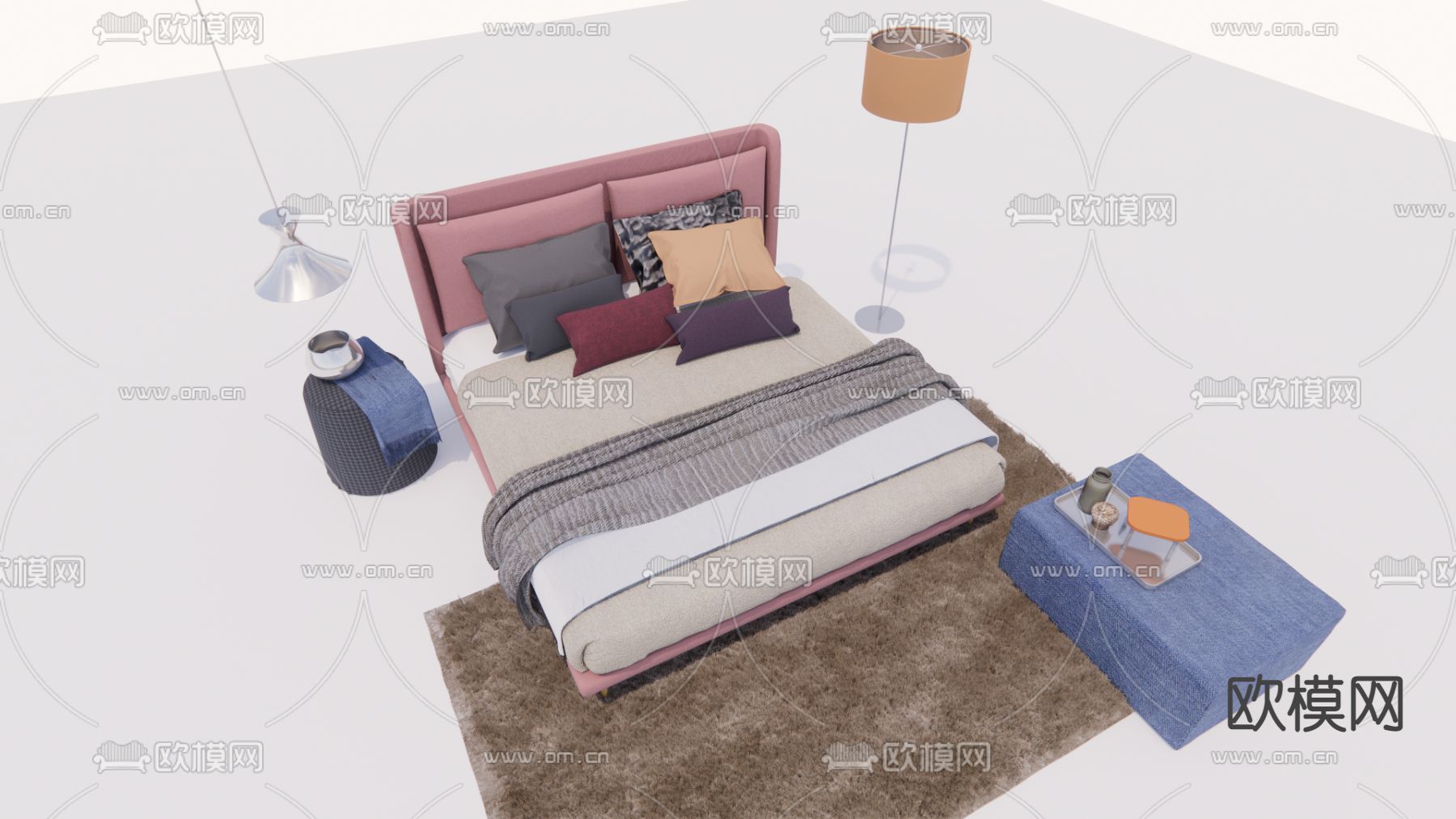 现代布艺双人床su模型下载（渲染图3）