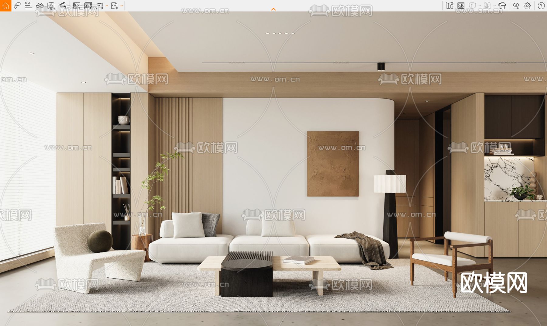 日式原木风客厅su模型下载（渲染图1）