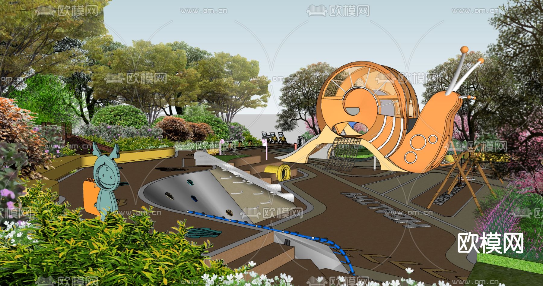 现代户外拓展亲子儿童活动乐园su模型下载（渲染图2）