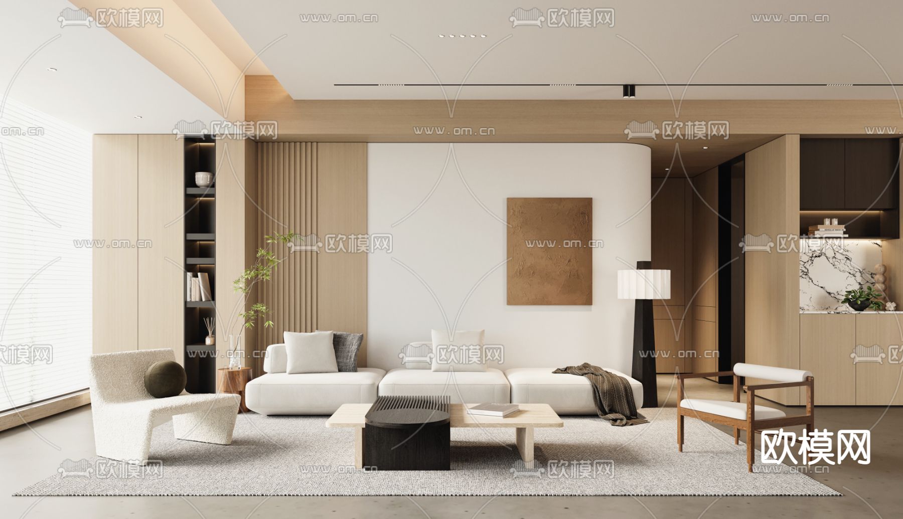 日式原木风客厅su模型下载（渲染图2）