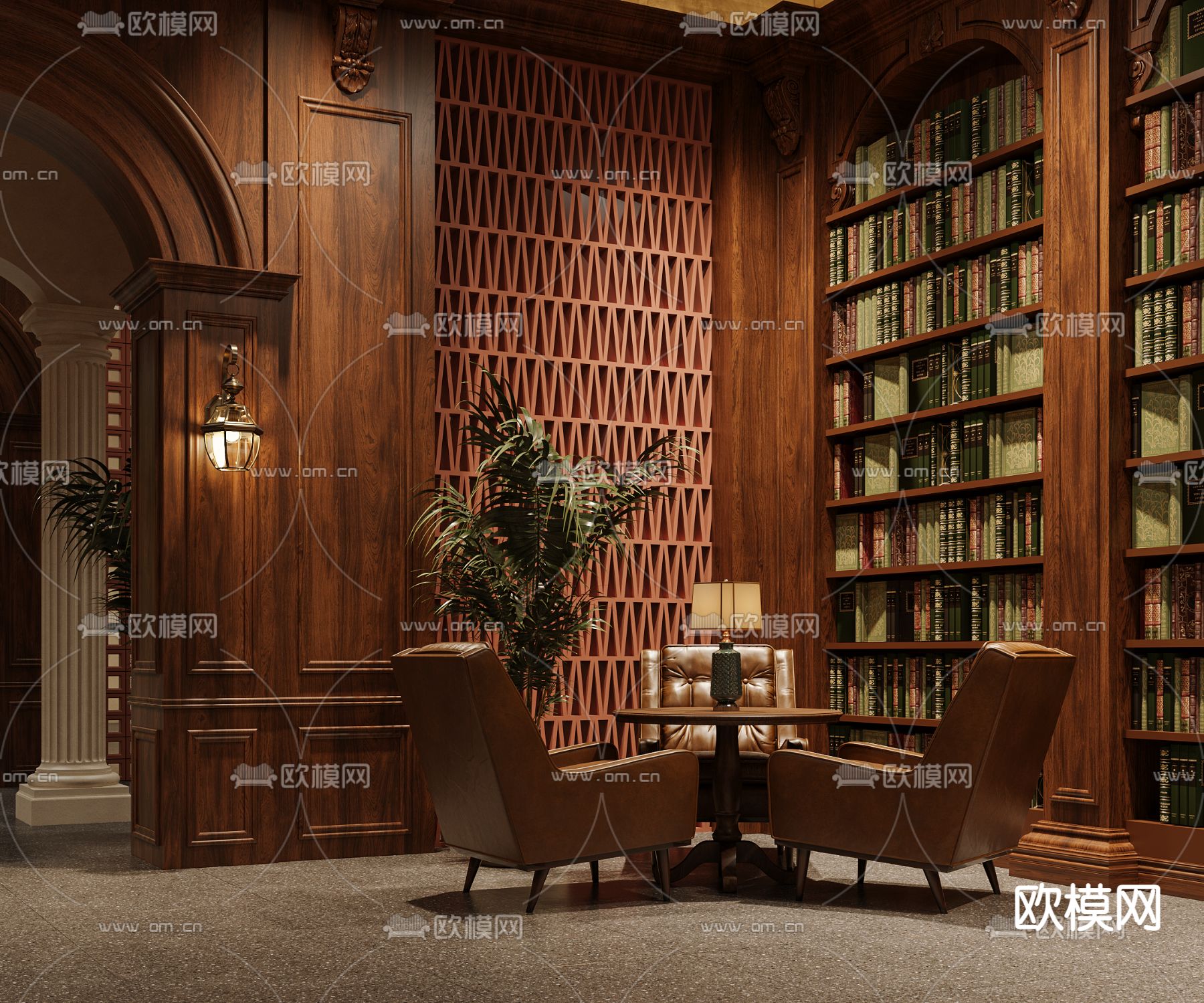 美式书店 书吧 书柜3d模型下载（渲染图2）