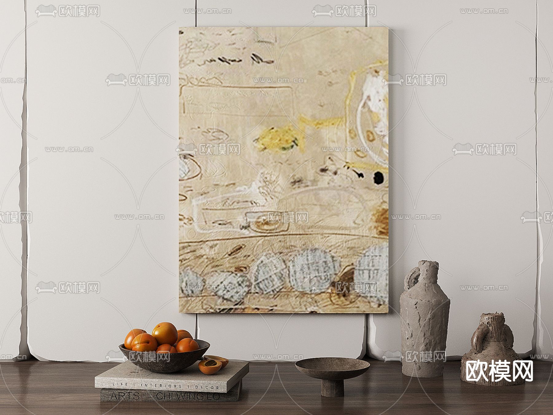 侘寂风抽象装饰画su模型下载（渲染图1）