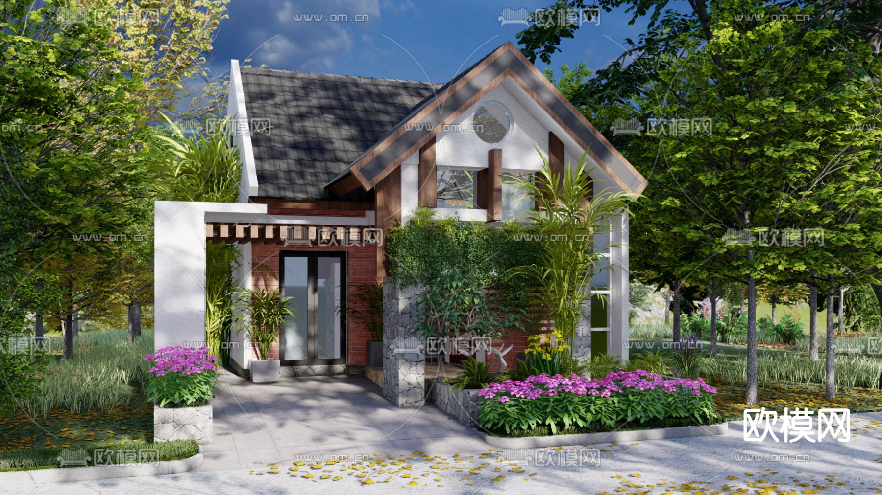 简欧别墅外观su模型下载（渲染图1）