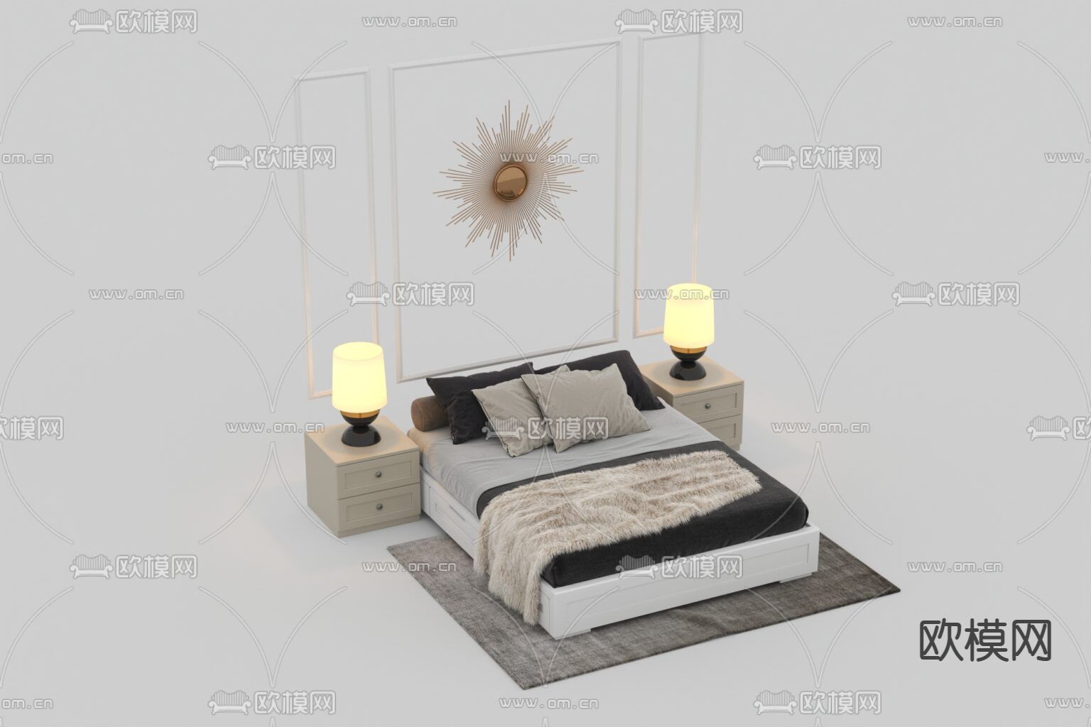 简欧实木布艺双人床免费3d模型下载