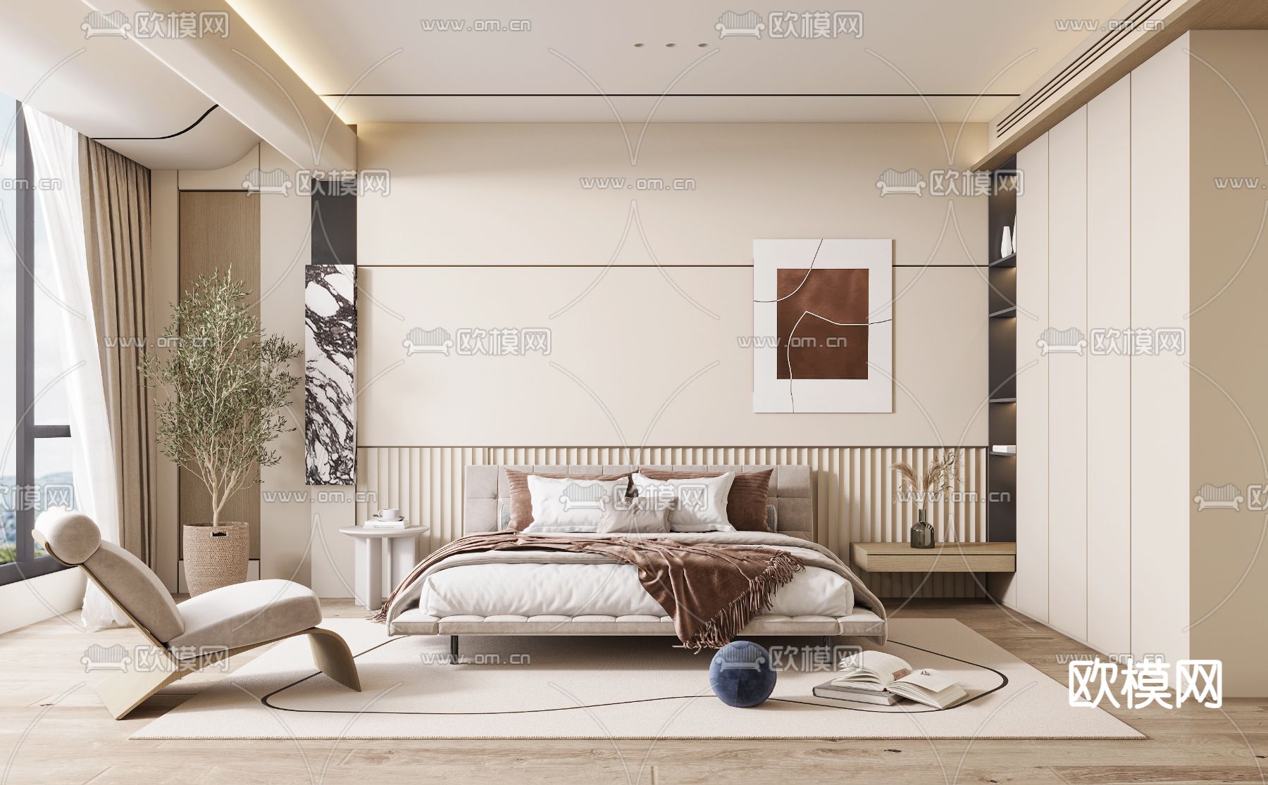 侘寂风卧室主人房su模型下载（渲染图1）