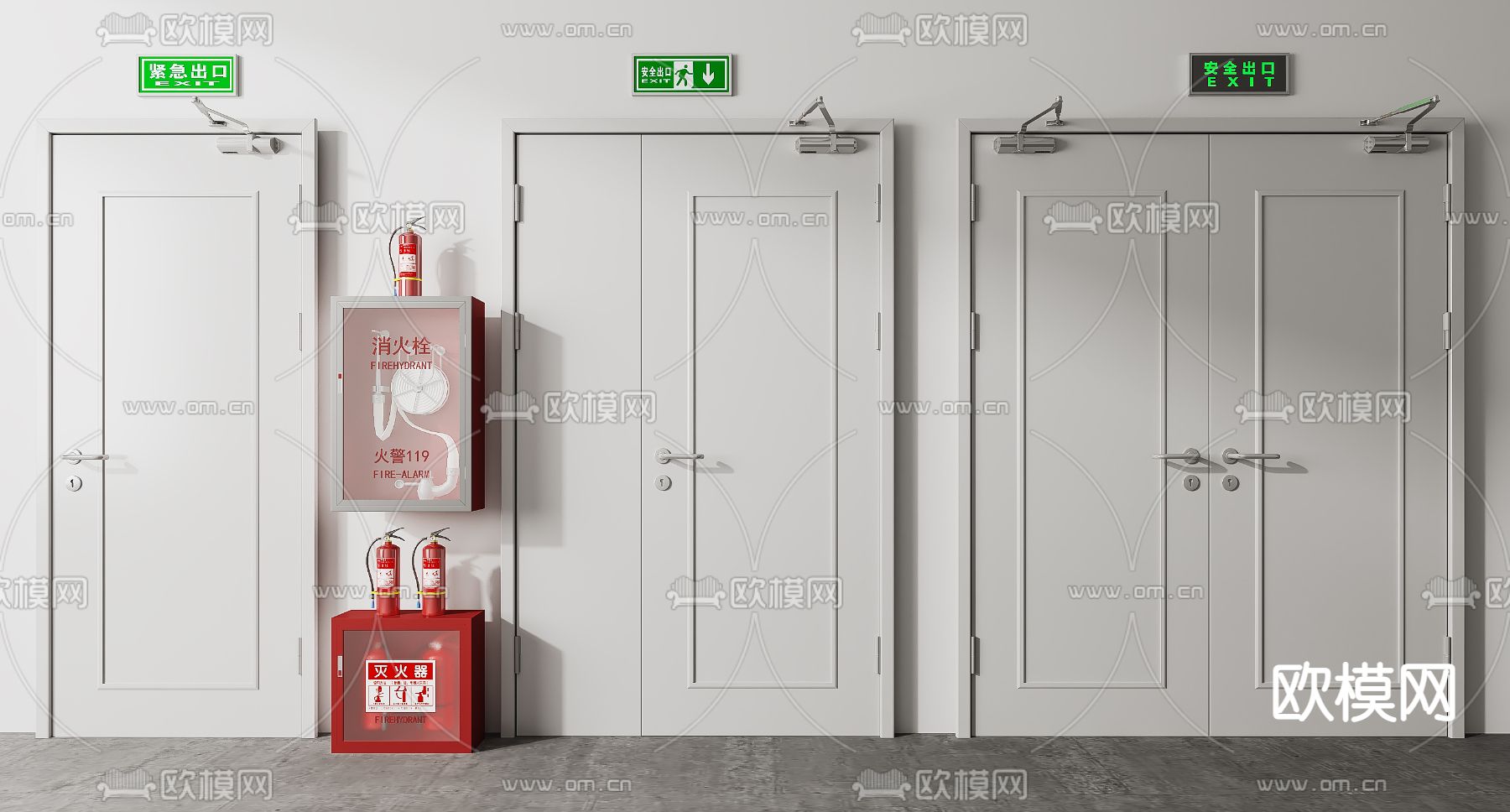 现代消防门 防火门 消防栓 灭火器3d模型下载