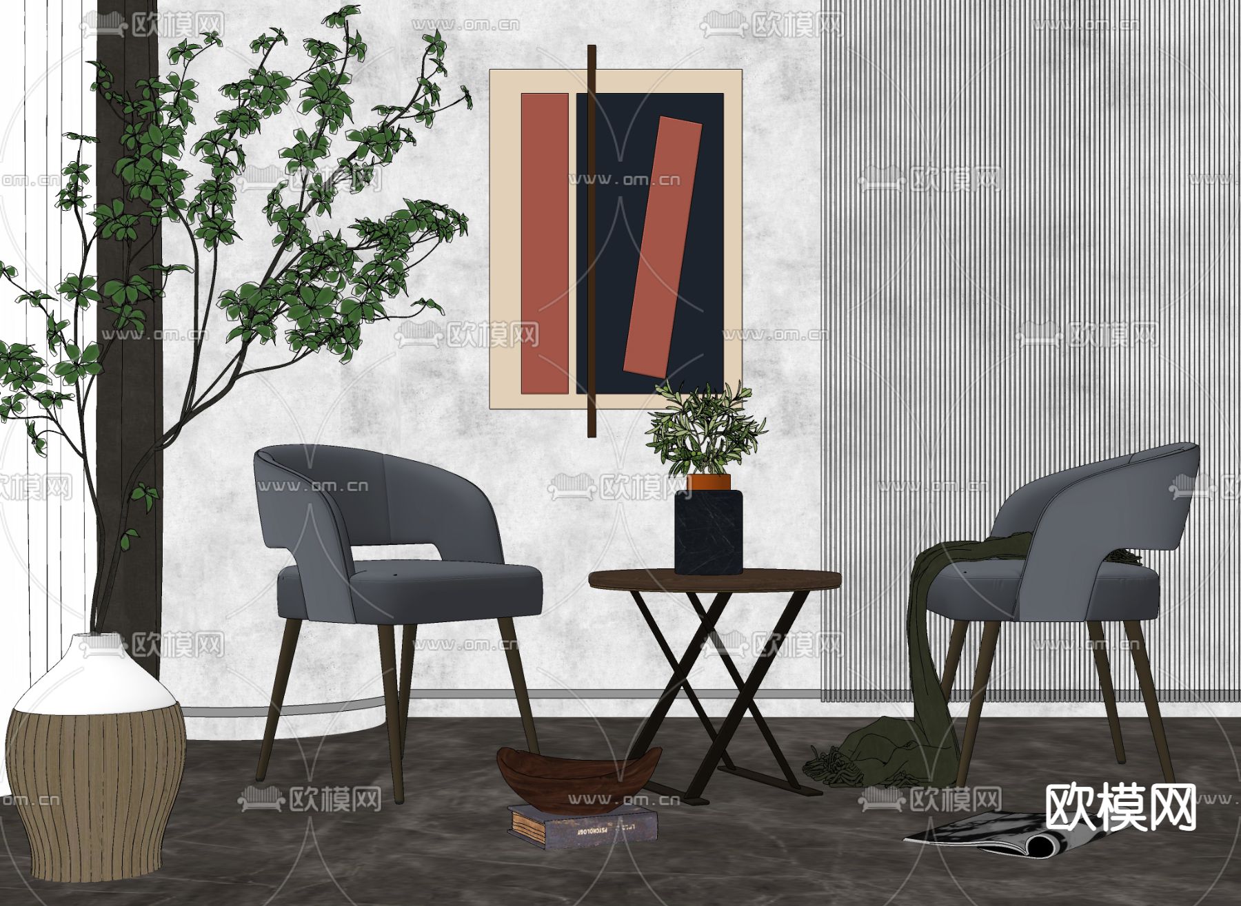 现代轻奢休闲椅角几组合su模型下载（渲染图2）