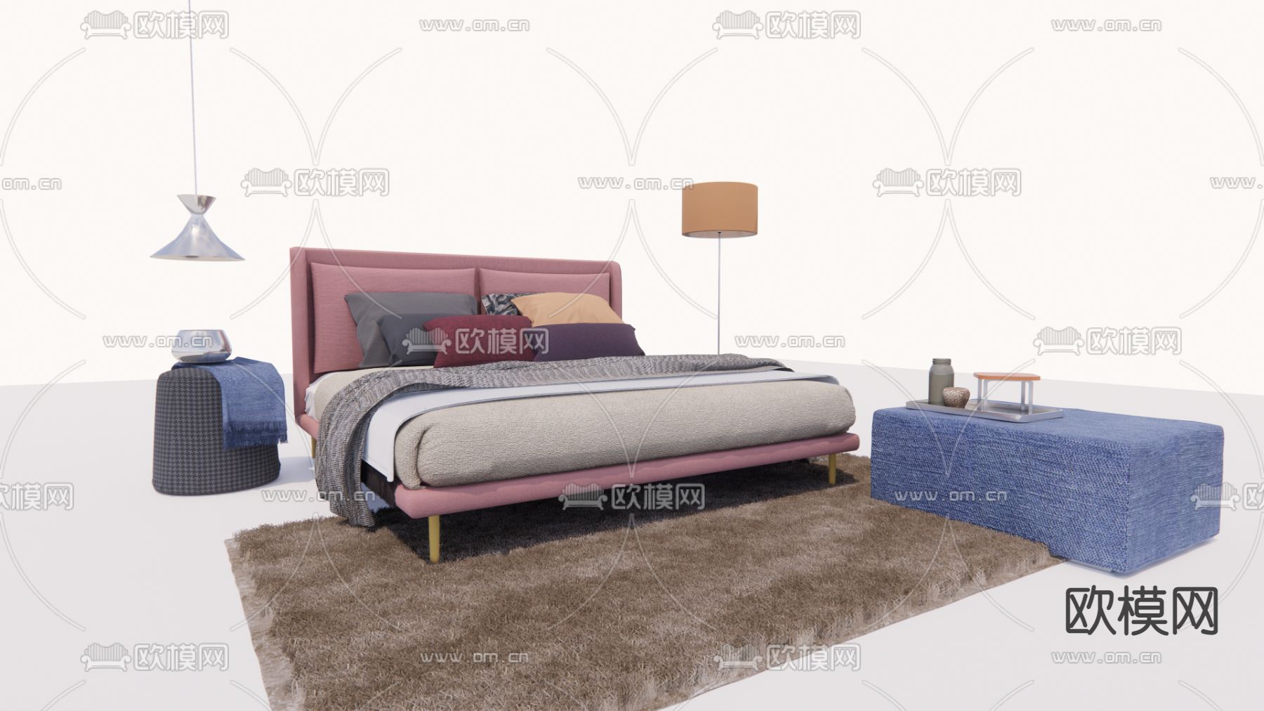 现代布艺双人床su模型下载（渲染图1）