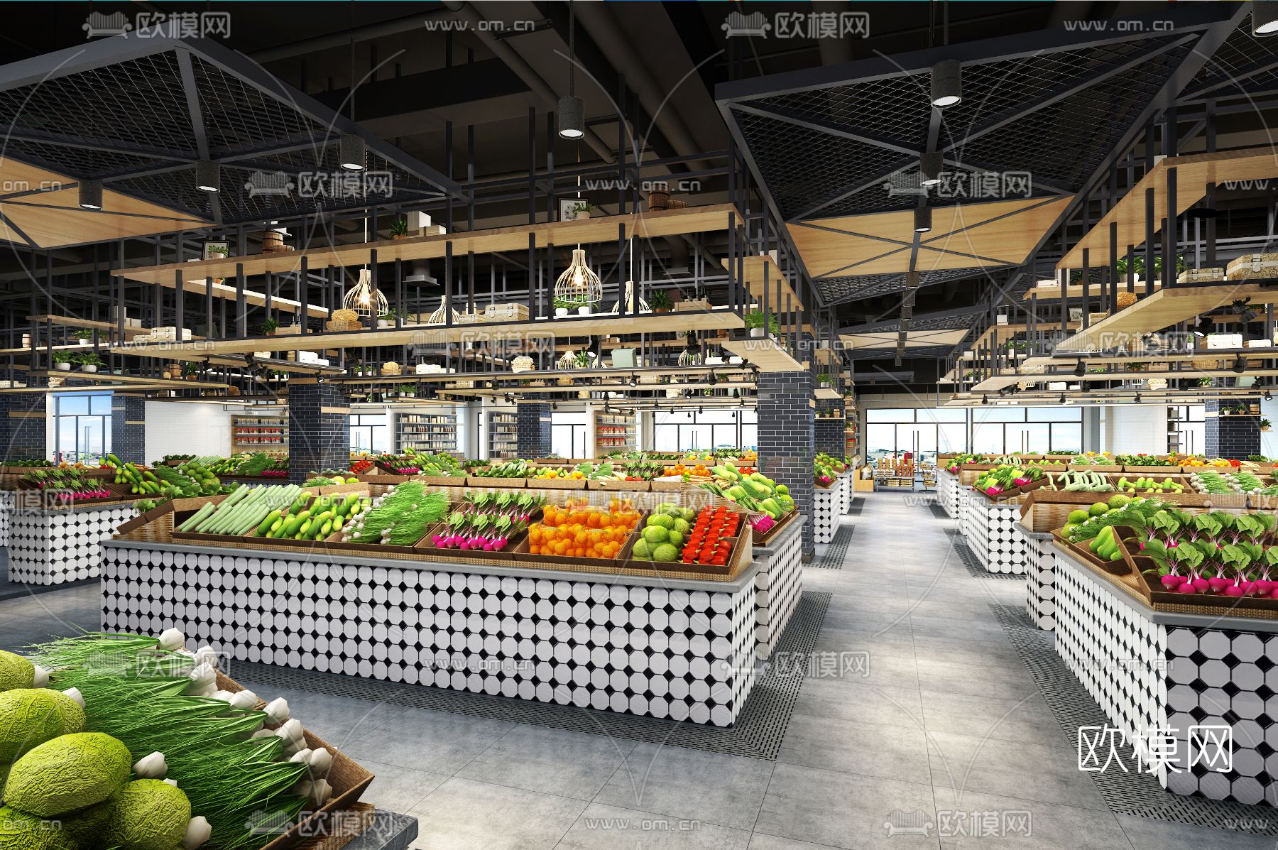 工业风超市场果蔬干货区3d模型下载（渲染图1）