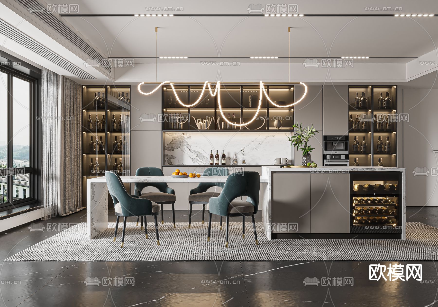 现代轻奢餐厅su模型下载（渲染图1）