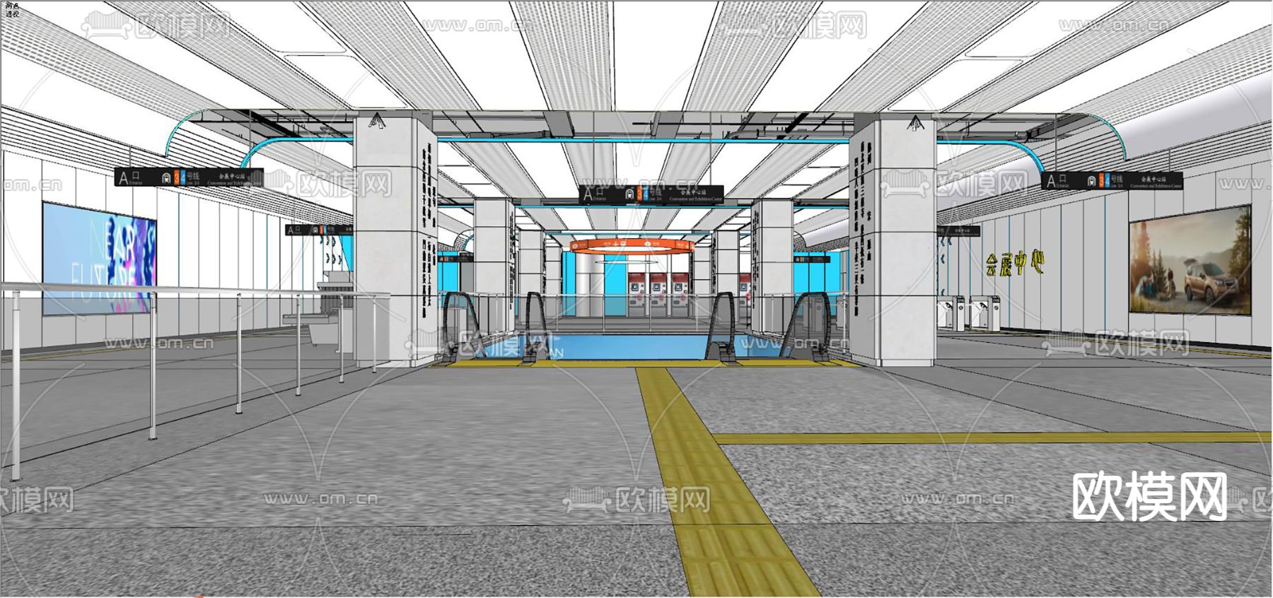 现代地铁站 站厅层su模型下载（渲染图2）
