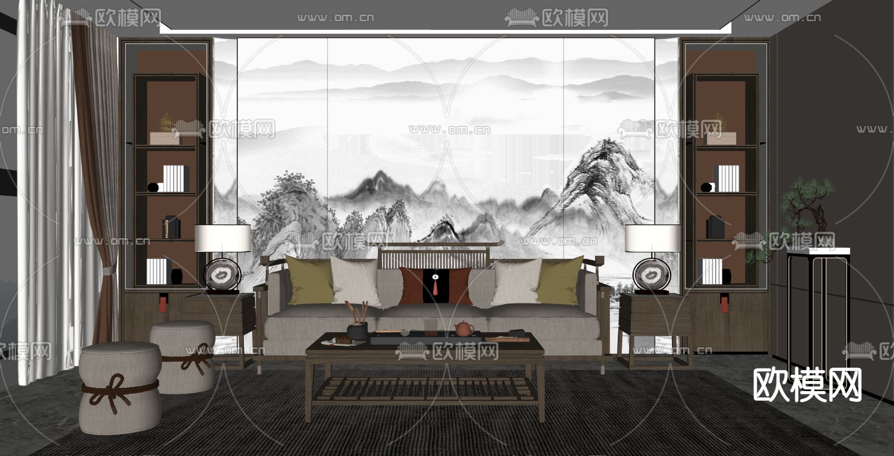新中式客厅su模型下载（渲染图2）