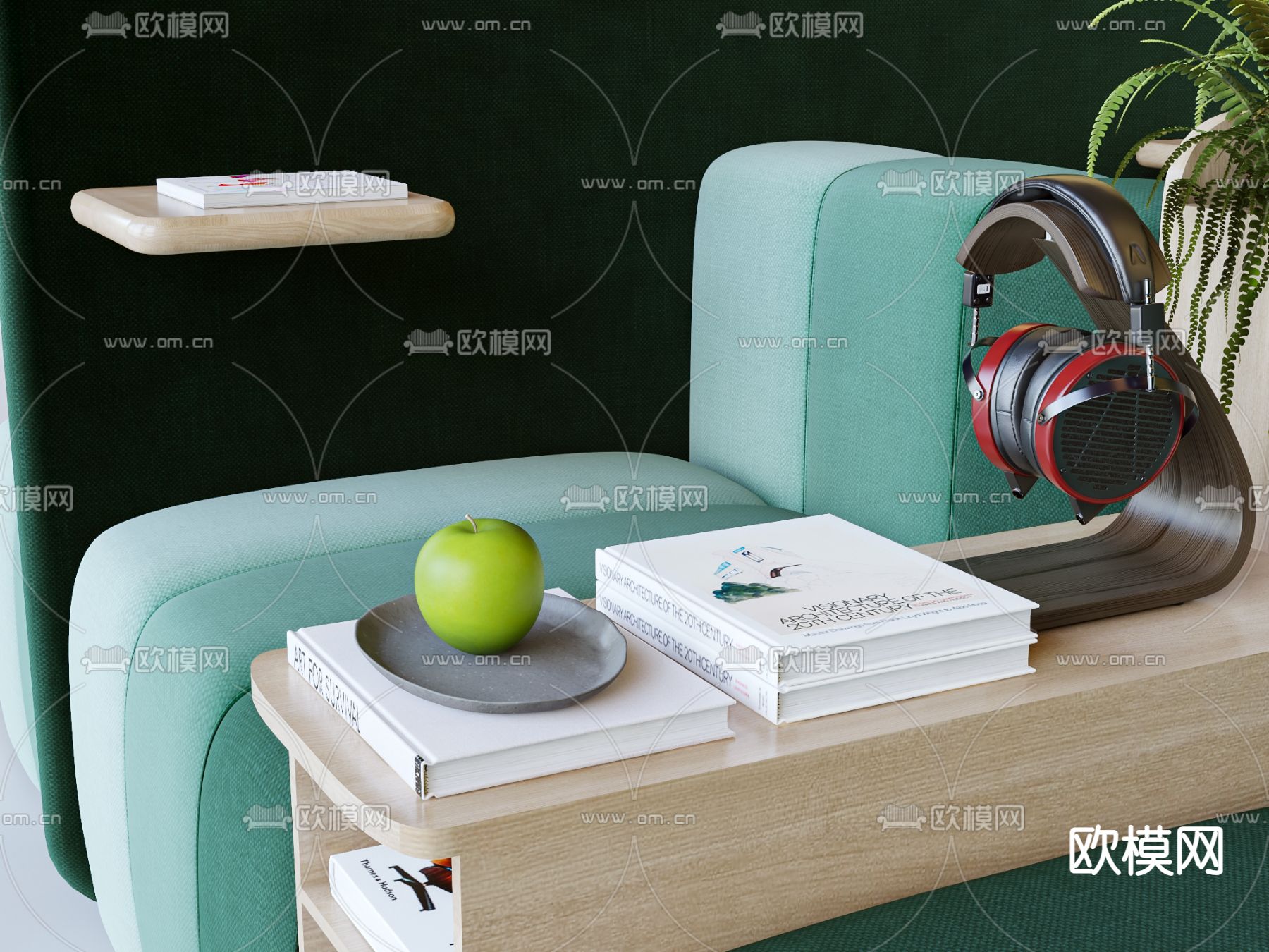 现代绿色卡位沙发3d模型下载（渲染图3）