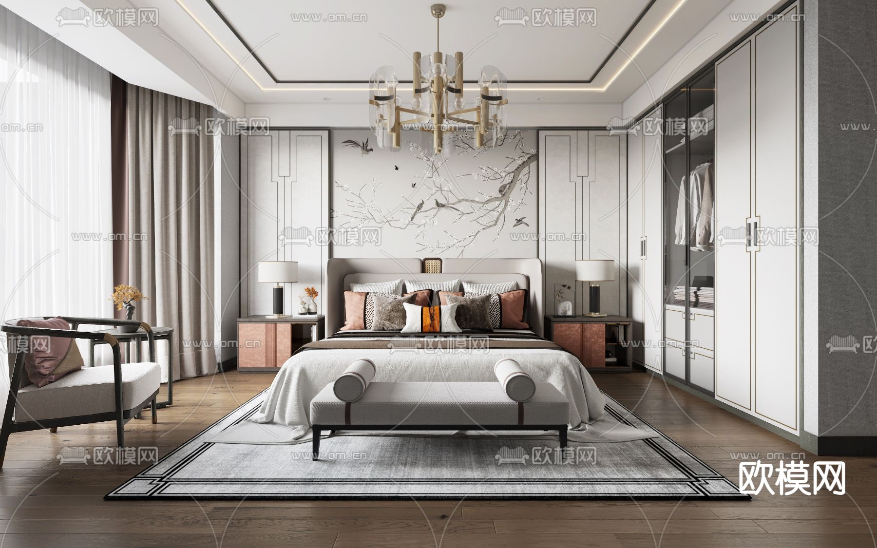 新中式卧室su模型下载（渲染图1）
