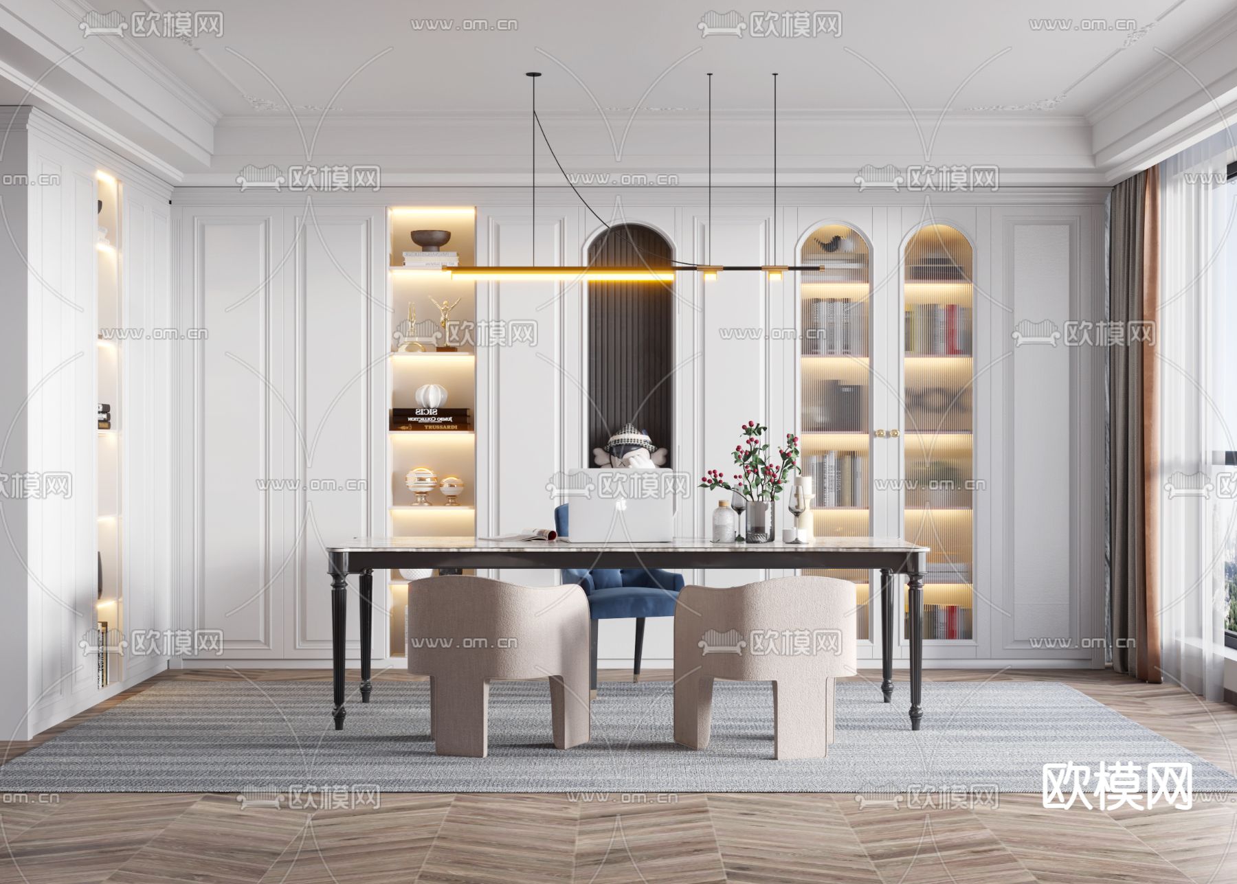 简欧轻奢书房3d模型下载（渲染图1）