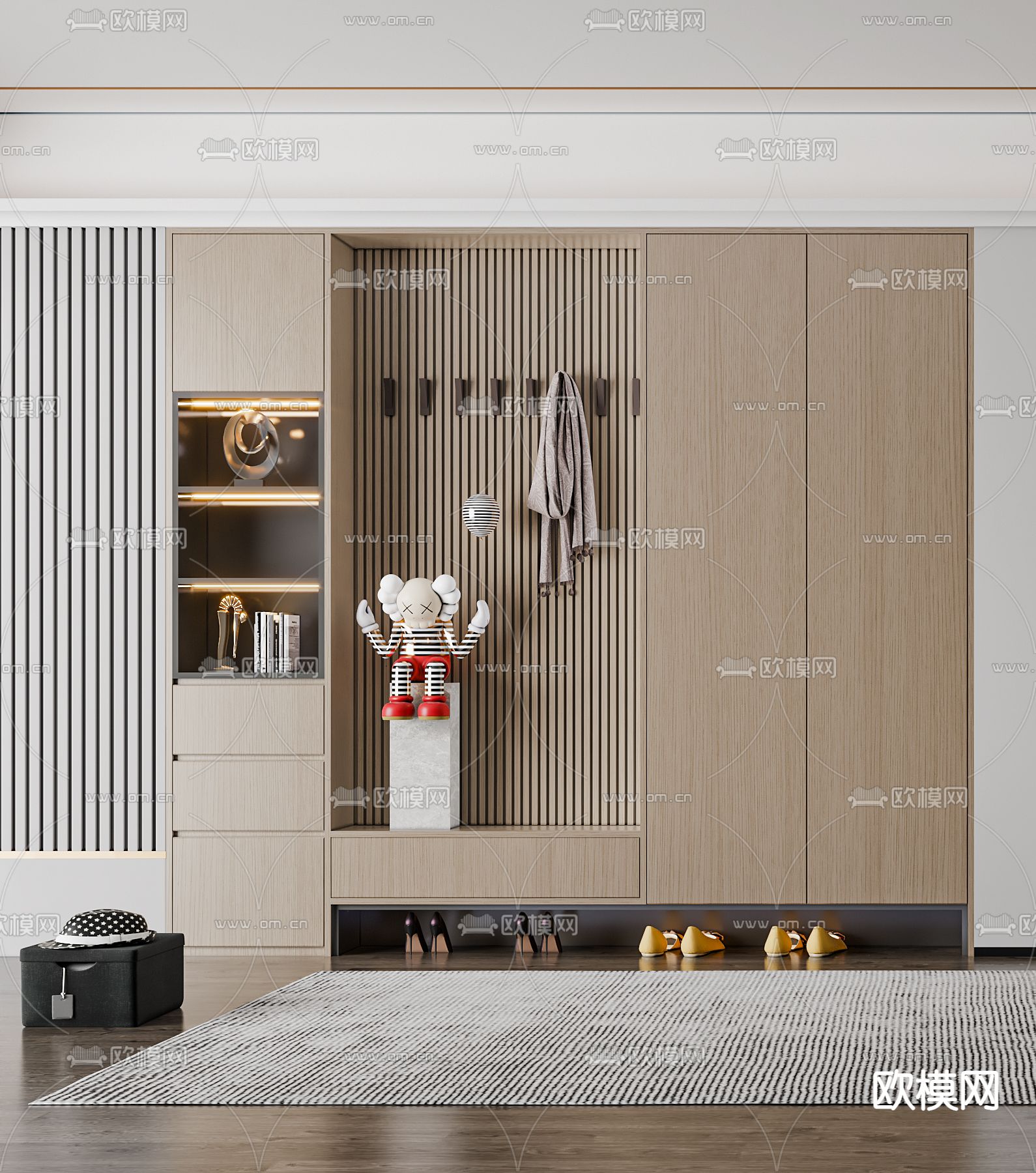 现代多功能玄关鞋柜3d模型下载（渲染图2）