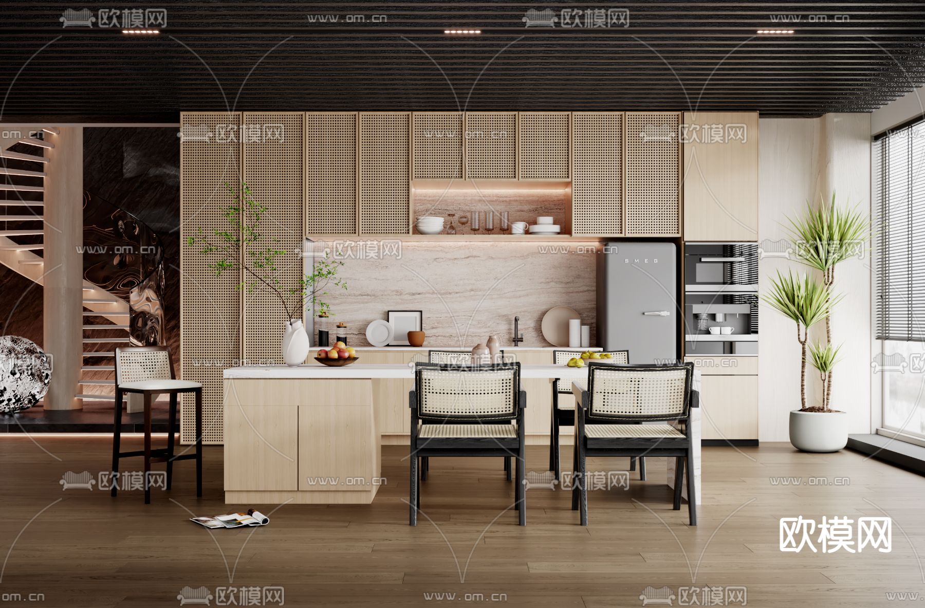 侘寂风岛台餐厅3d模型下载_ID12137554_3dmax免费模型-欧模网