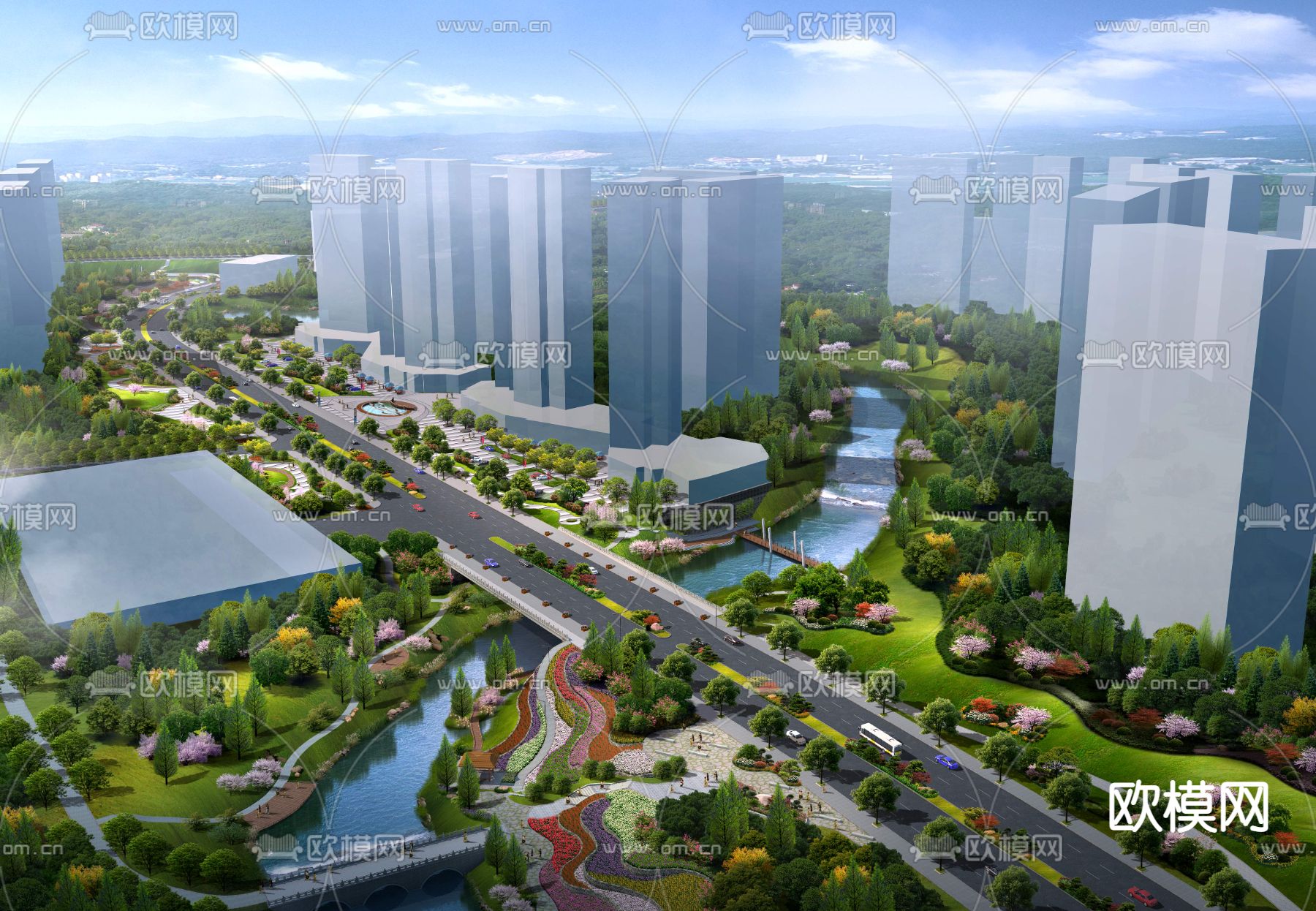 现代道路桥梁园林鸟瞰psd下载