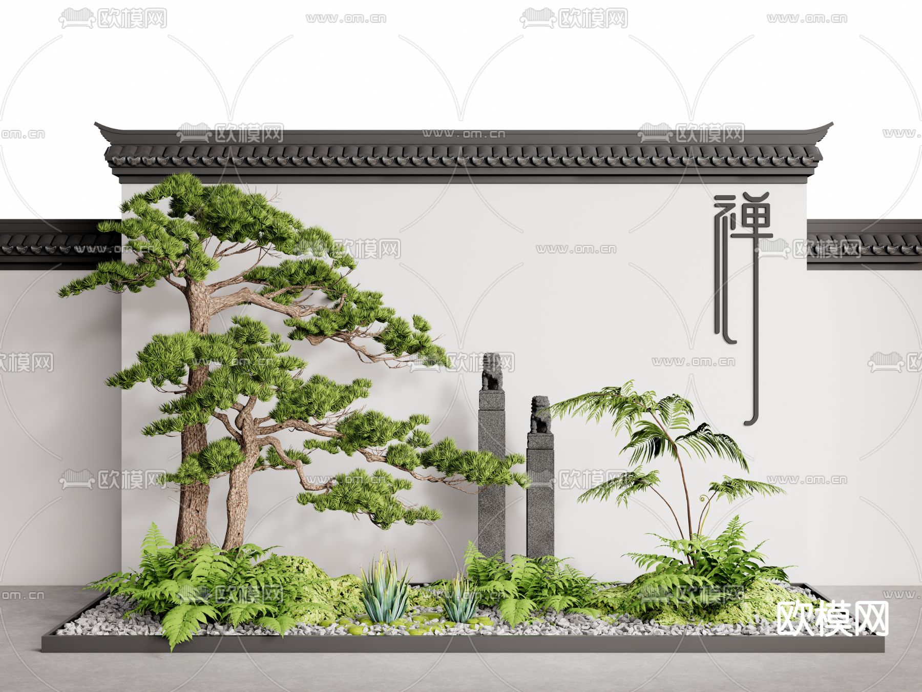 新中式户外庭院松树景观3d模型下载