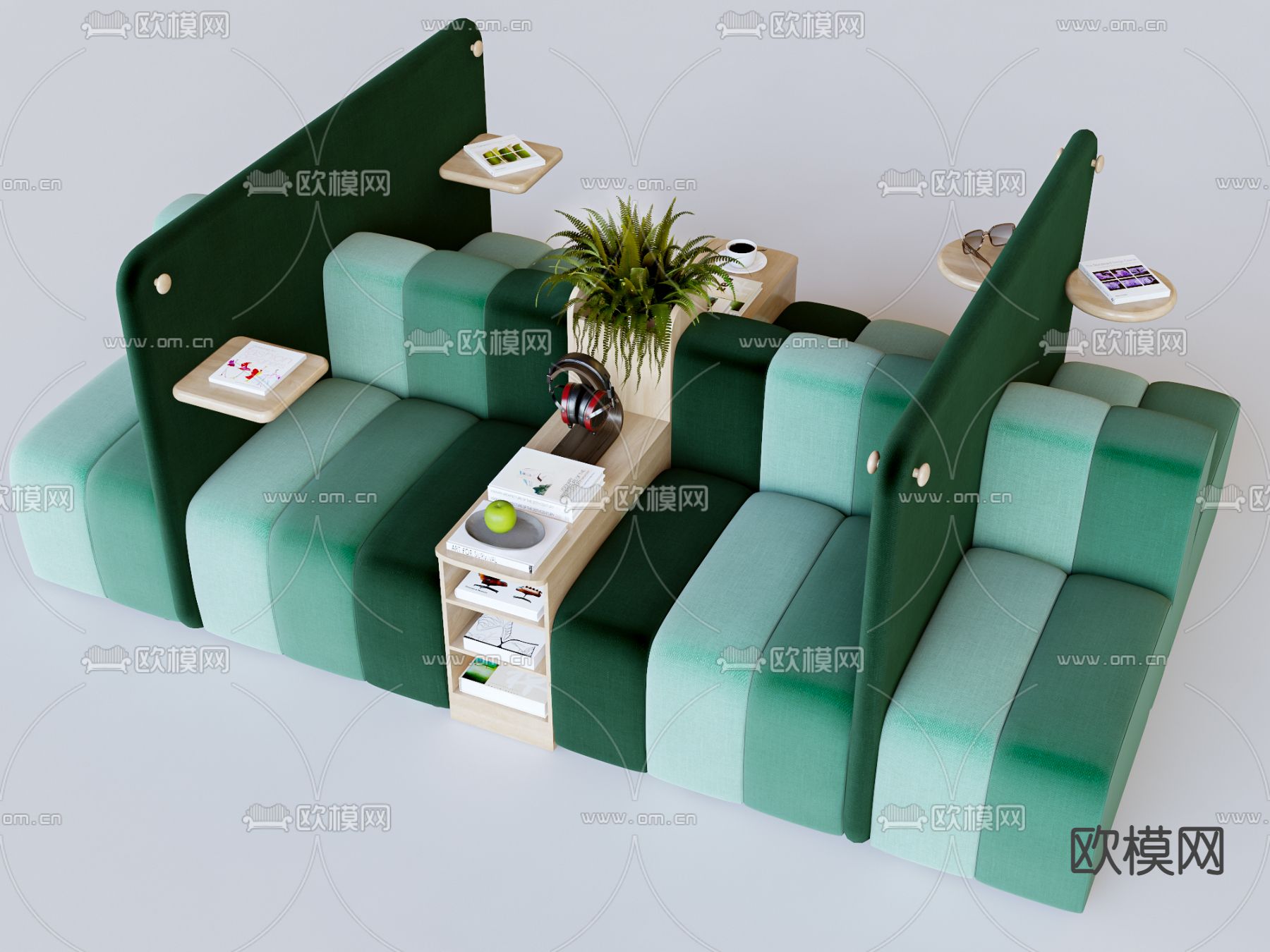 现代绿色卡位沙发3d模型下载（渲染图1）