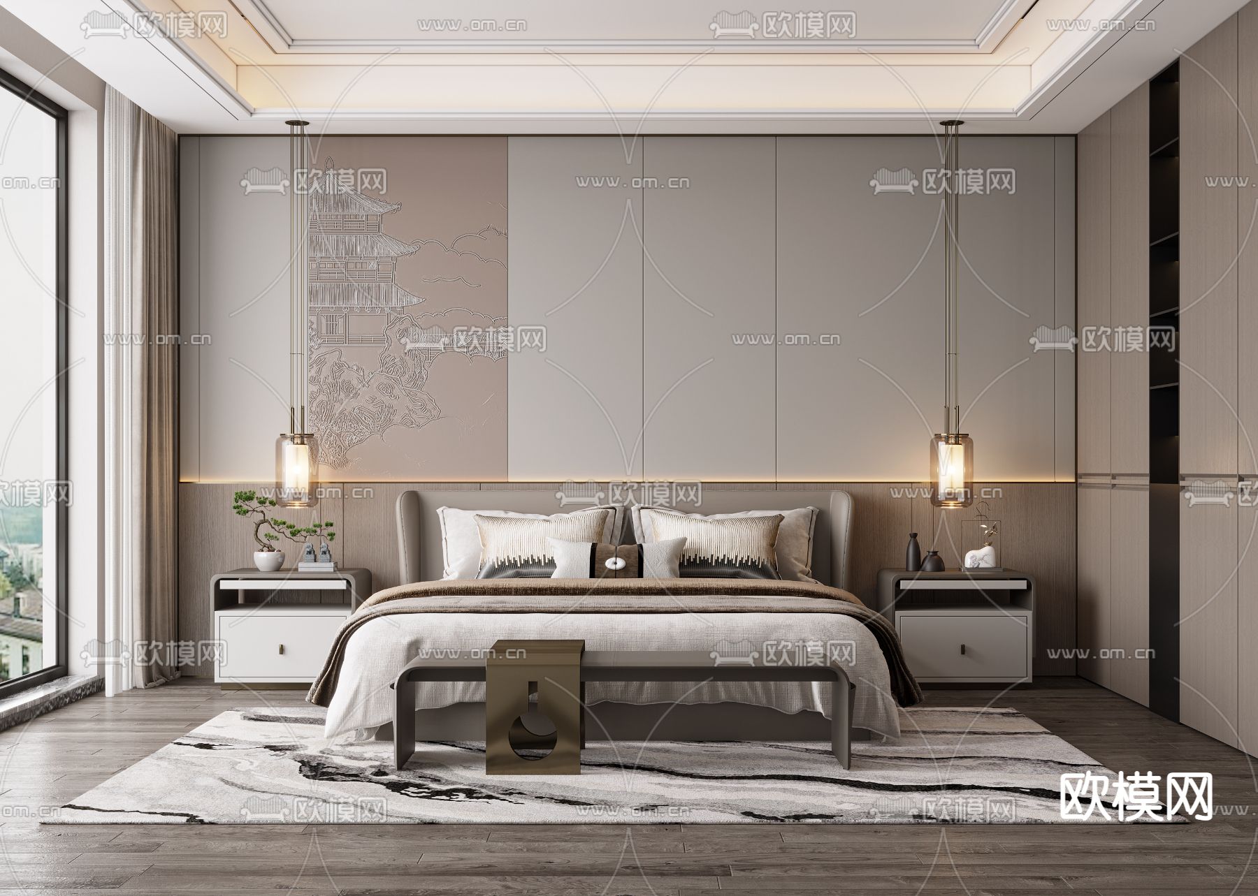 新中式卧室主人房su模型下载（渲染图1）