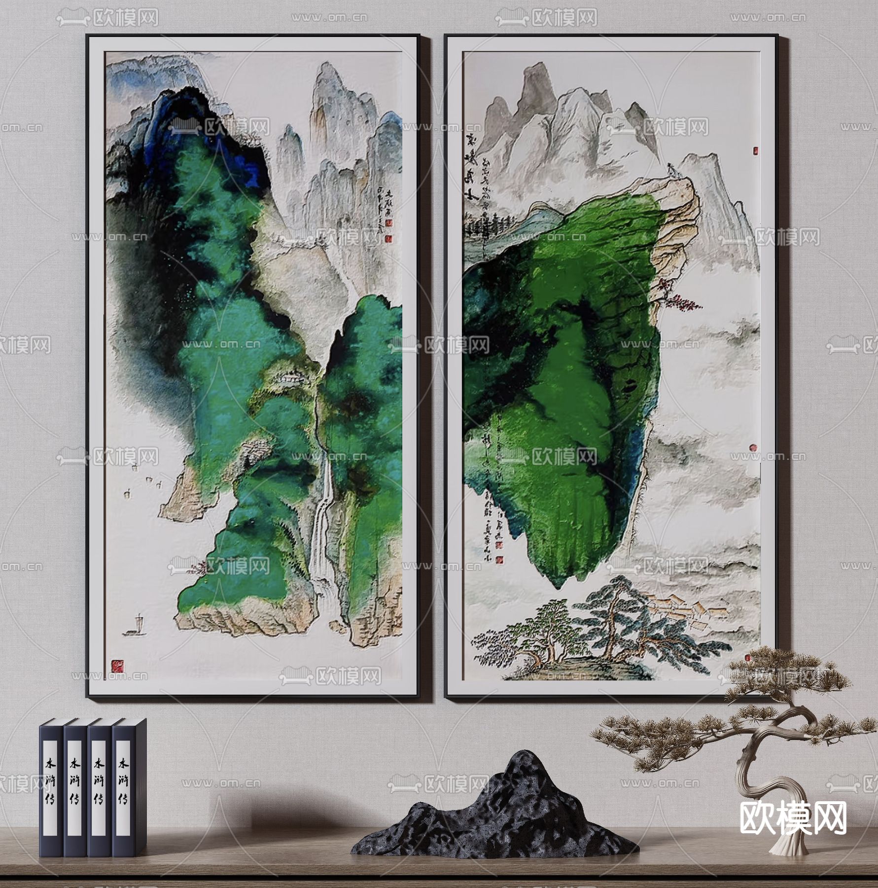 新中式山水装饰画 挂画3d模型下载_ID12134977_3dmax免费模型-欧模网