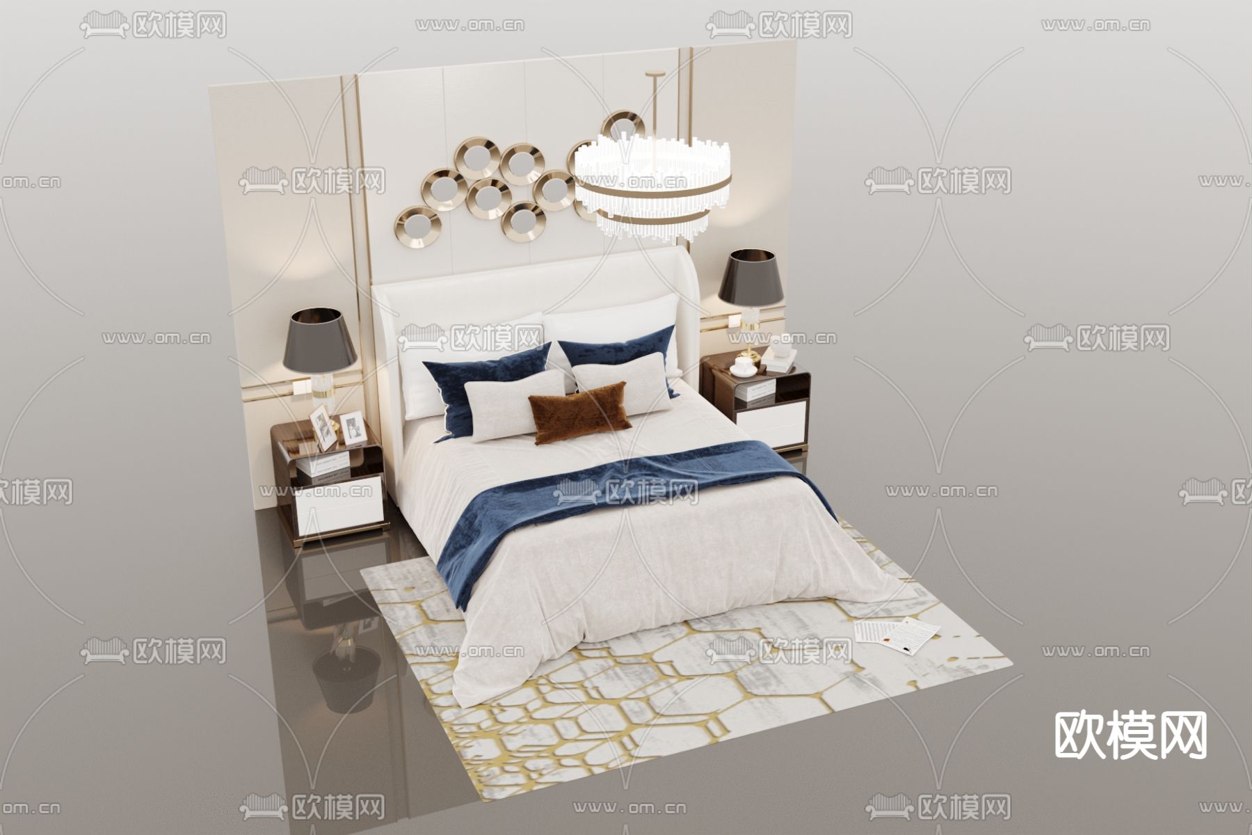 现代轻奢实木背景墙布艺双人床免费3d模型下载