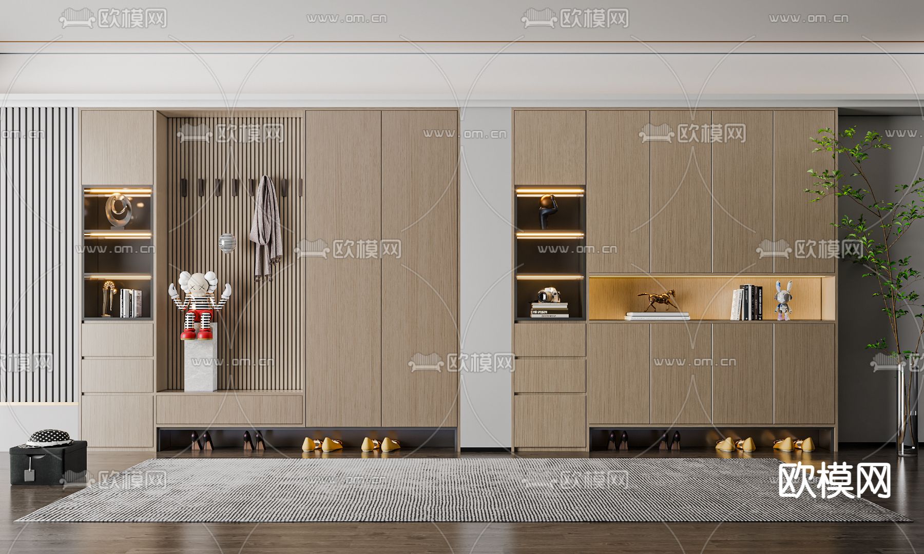 现代多功能玄关鞋柜3d模型下载（渲染图1）