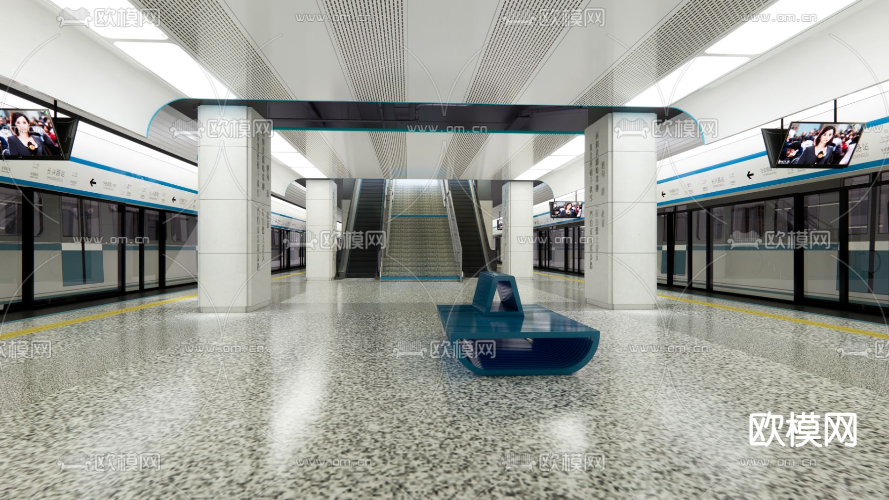 现代地铁站 站台层su模型下载（渲染图1）