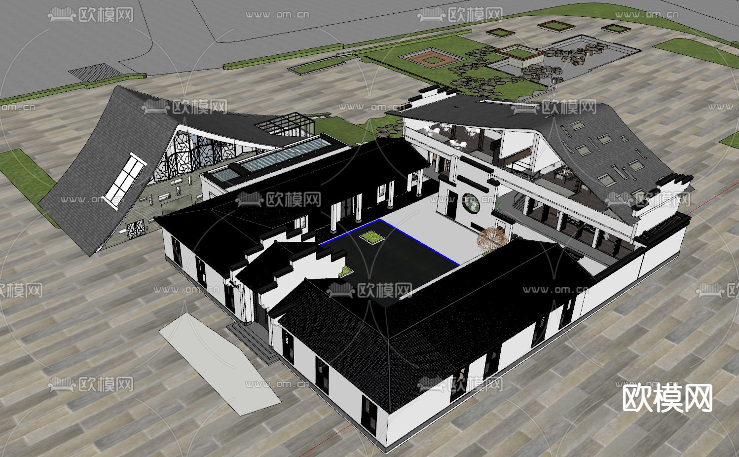 新中式鸟瞰别墅住宅su模型下载