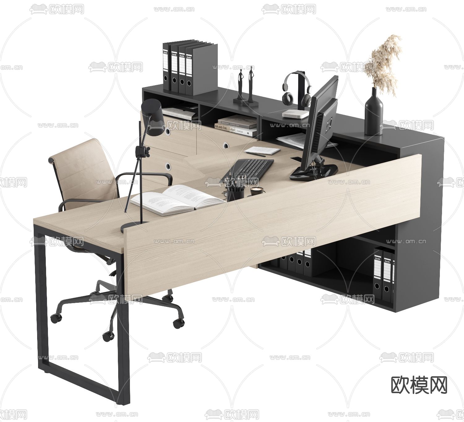 现代大班台 办公桌椅3d模型下载（渲染图1）