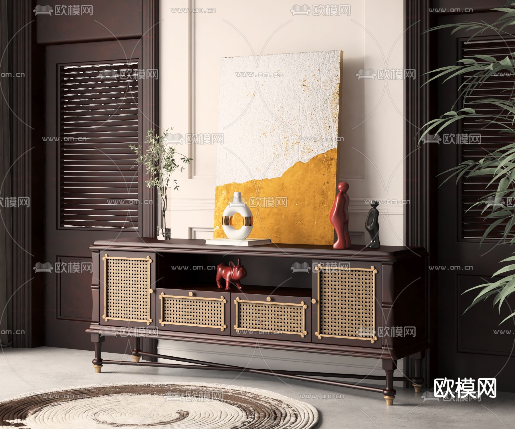美式藤编电视柜 矮柜3d模型下载