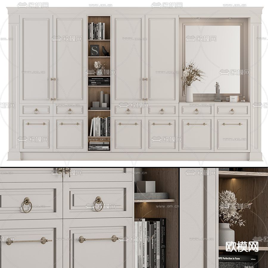 简欧一体式衣柜 衣橱3d模型下载（渲染图1）