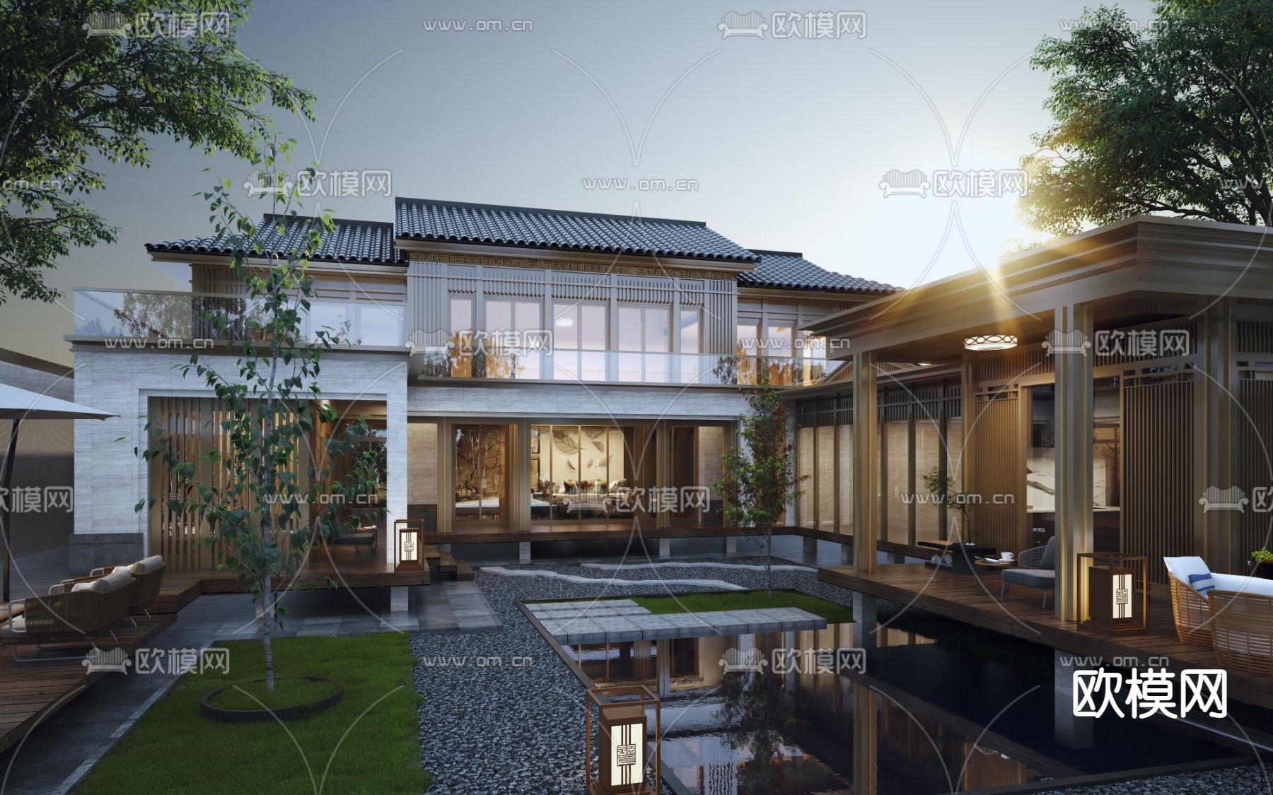 新中式独栋别墅 庭院阳台3d模型下载_ID12136195_3dmax免费模型-欧模网