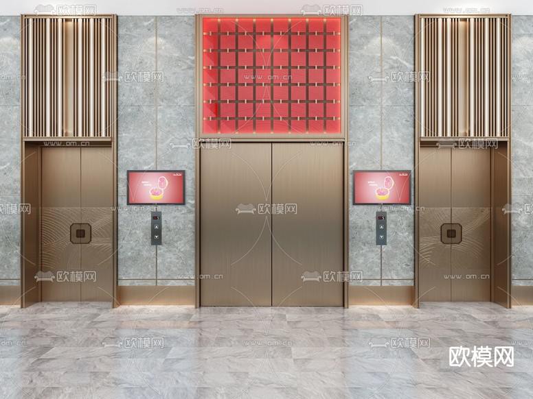 新中式金属通顶电梯前室3d模型下载